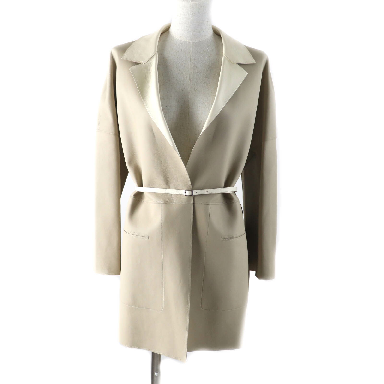 極美品★Loro Piana ロロピアーナ FAF2289 リバーシブル フロントオープン ベルト付 ラムレザージャケット ベージュ アイボリー S イタリア製 正規品 レディース【中古】