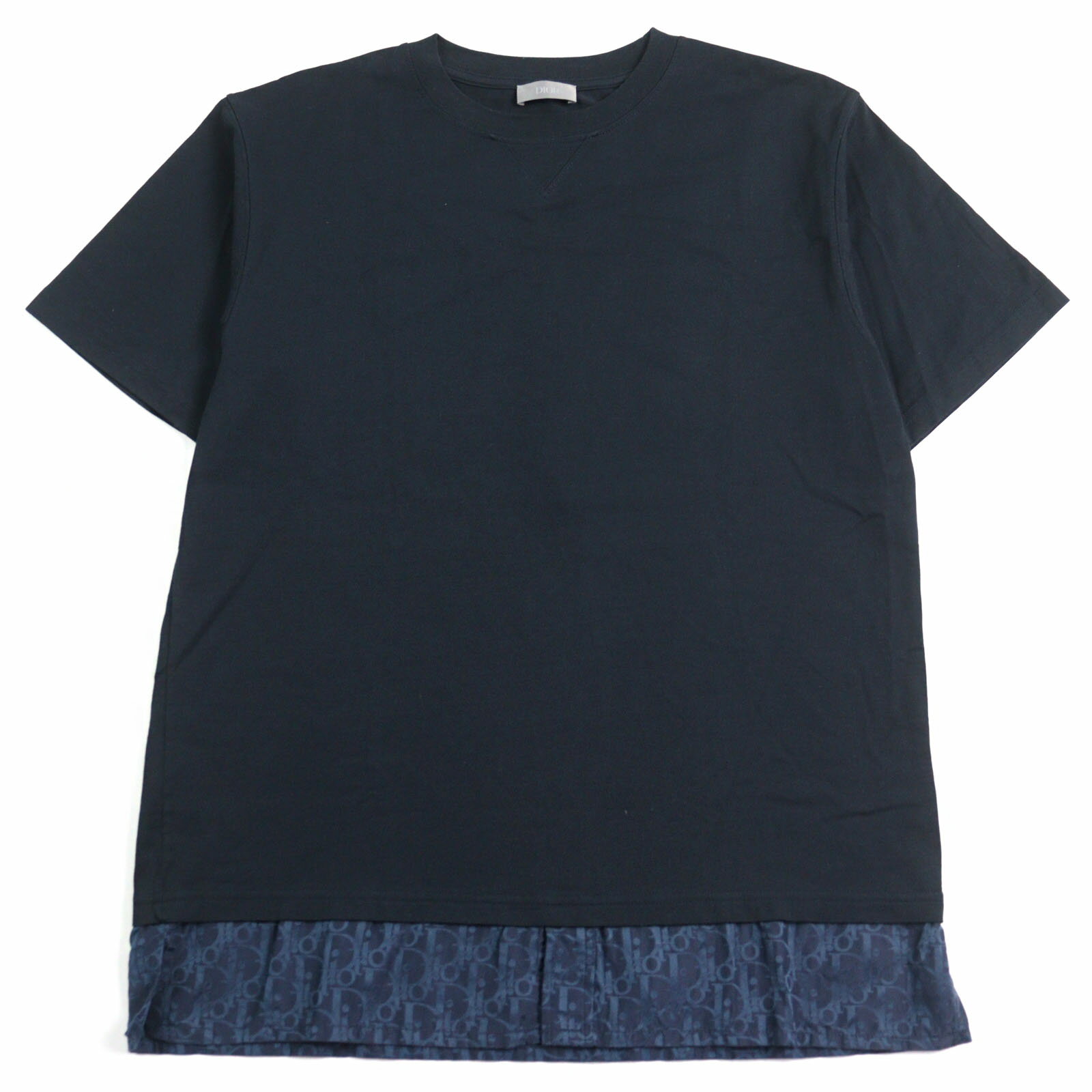 極美品○DIOR ディオール オム 21SS 113J632A0677 OBLIQUE LAYERED OVER TEE コットン100% オブリークシャツレイヤード シルク使い クルーネック 半袖Tシャツ ネイビー ブルー M イタリア製 正規品 メンズ【中古】