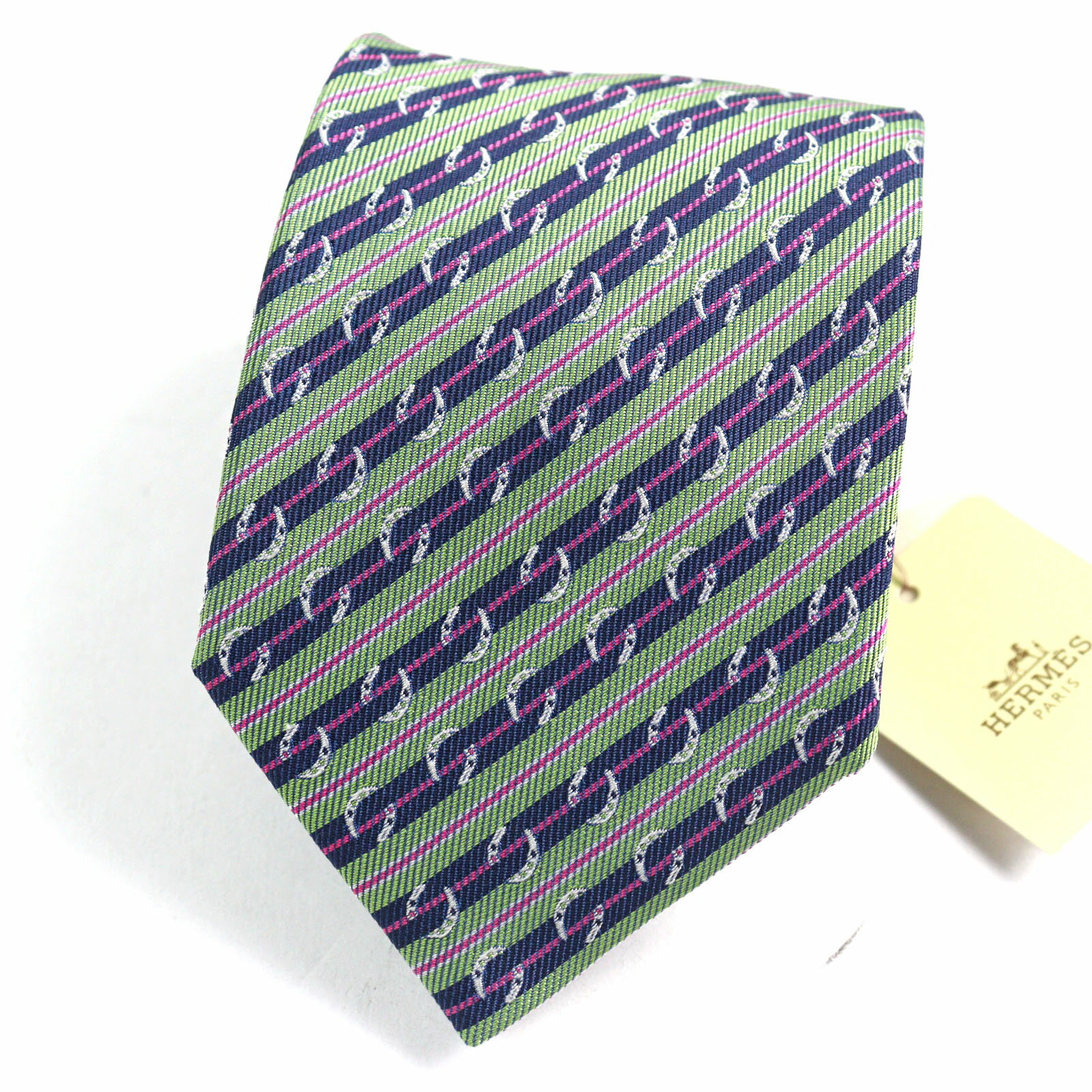 未使用品○HERMES エルメス 659087T CRAVATE SOIE LOURDE クラヴァット シルク100% POMME MARINE FUCHSIA ホースシュープリント 馬蹄総柄 レジメンタルストライプ ネクタイ マルチカラー フランス製 メンズ【中古】