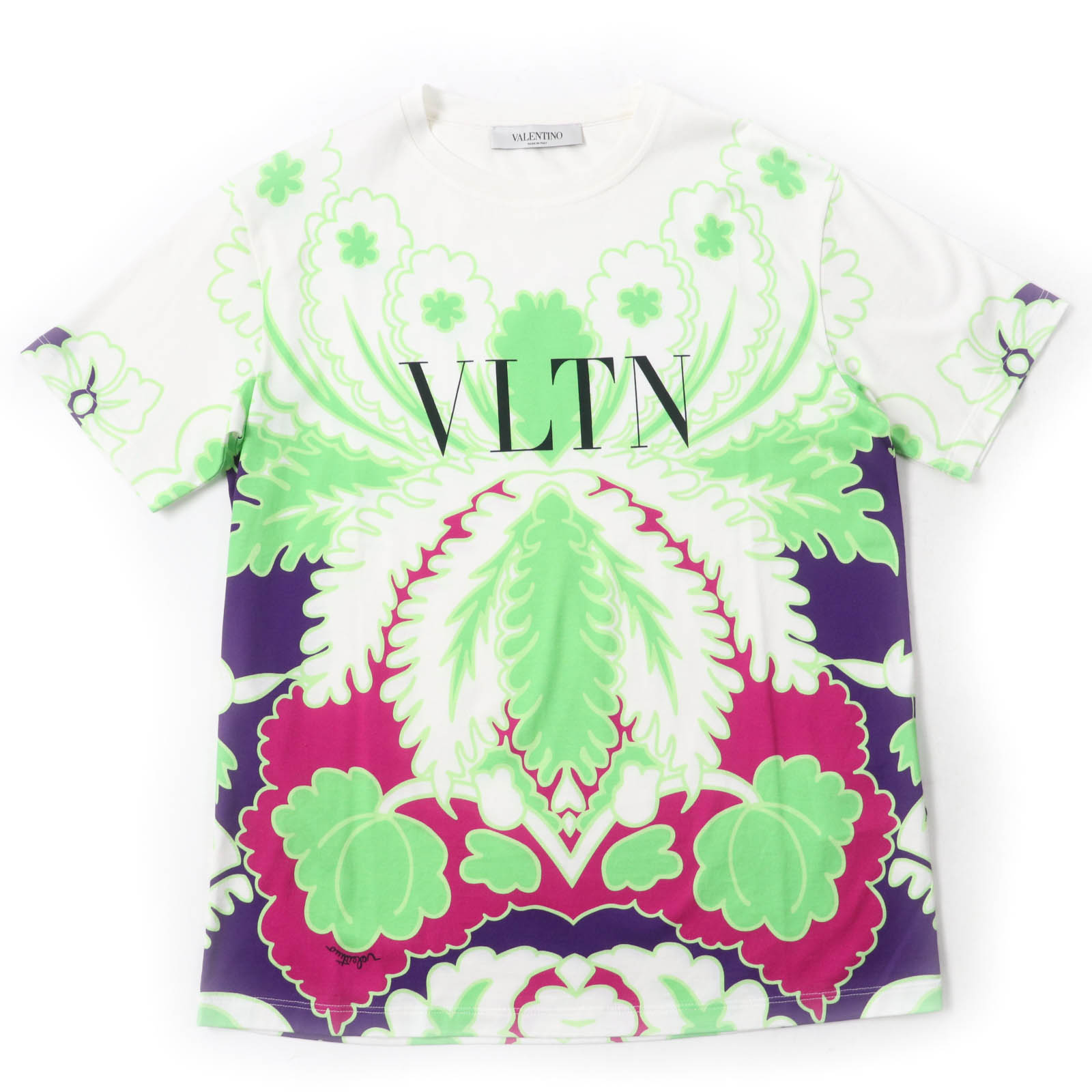 極美品☆VALENTINO ヴァレンティノ コットン100％ VLTNロゴ 総柄 クルーネック 半袖Tシャツ マルチカラー XS イタリア製 正規品 メンズ【中古】