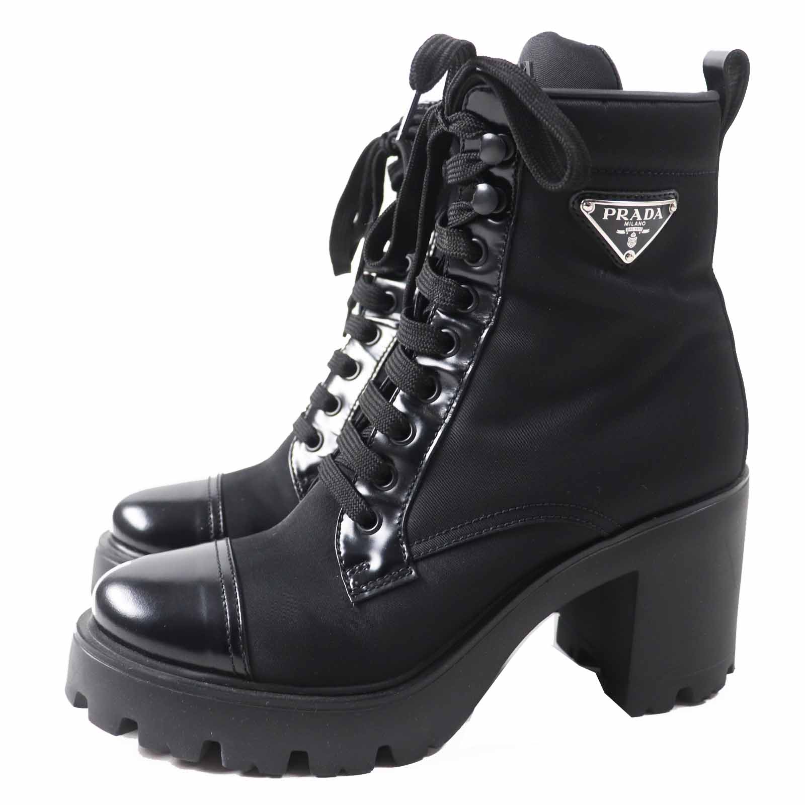 美品◎PRADA プラダ 1T239N トライアングルロゴ付き レースアップ Re-Nylon レザー ショートブーツ ブラック 37.5 イタリア製 レディース【中古】
