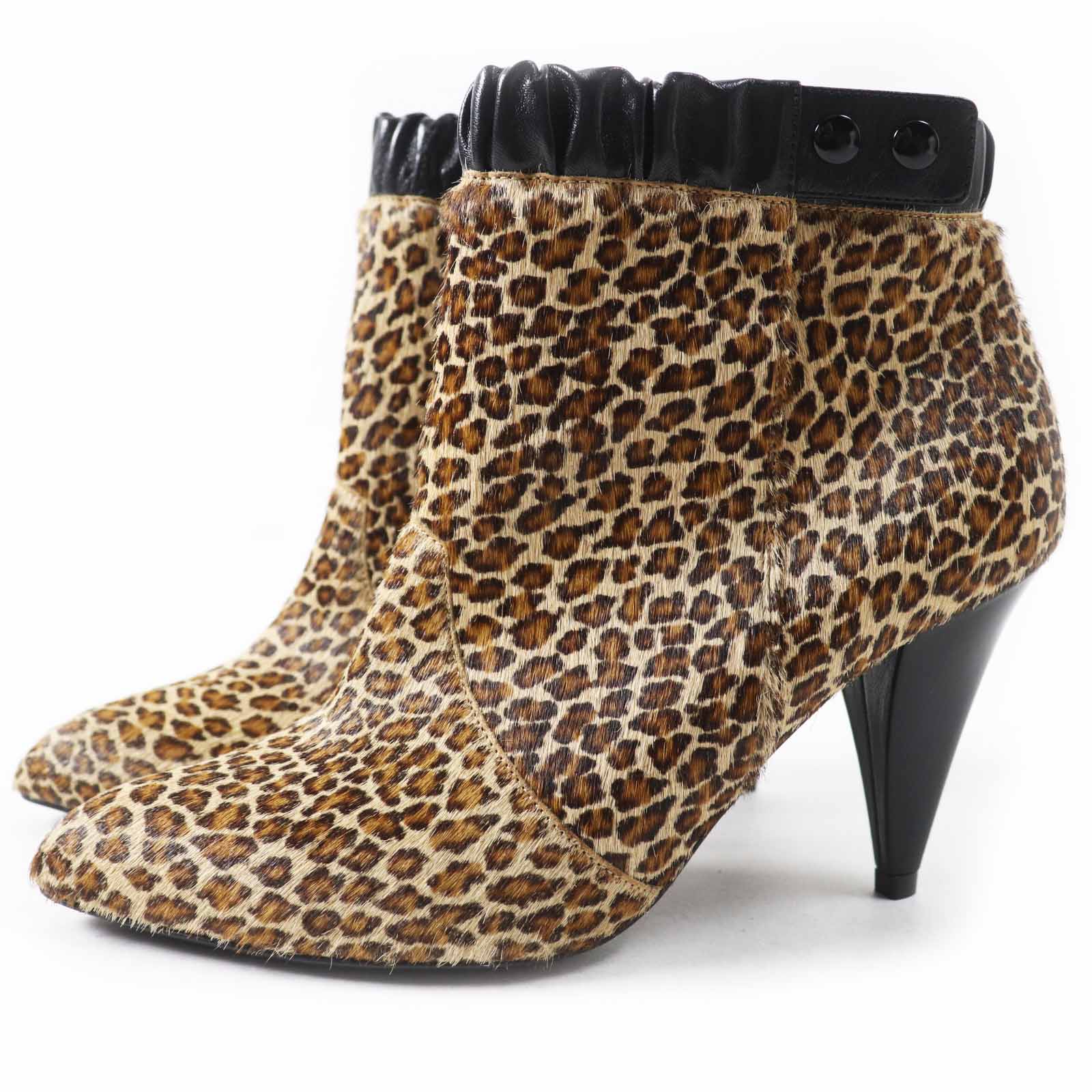 極美品◎CELINE セリーヌ レオパード柄 ポインテッドトゥ ハラコ レザー ショートブーツ ブラウン系 ブラック 38 保存袋付き イタリア製 レディース【中古】