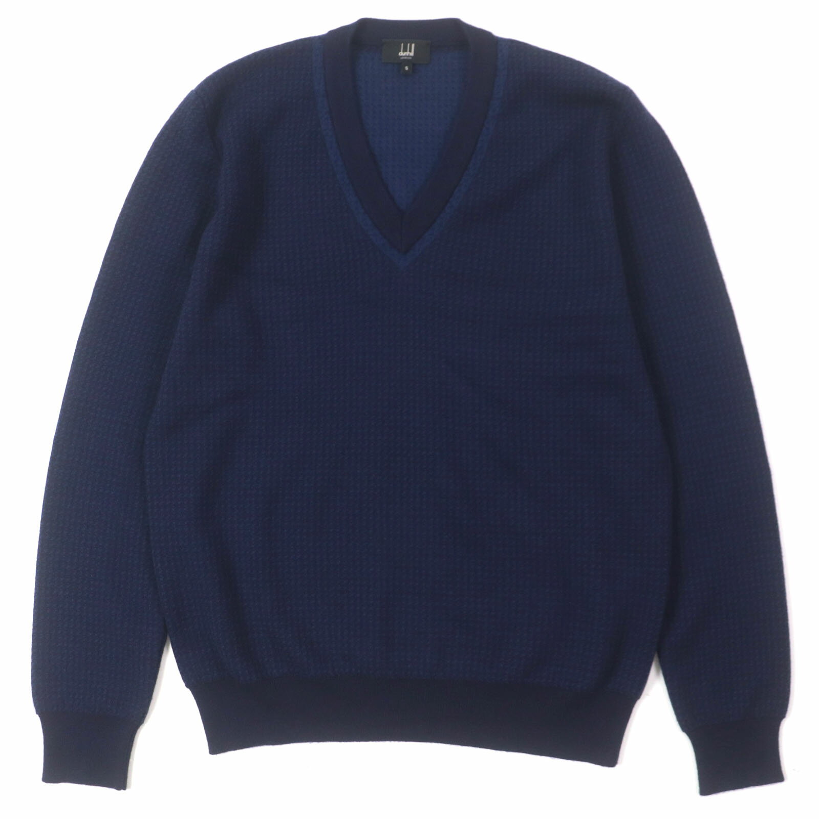 美品▼Dunhill ダンヒル カシミヤ ウール Vネック 織柄 ロングスリーブ ニットセーター ネイビー S イタリア製 正規品 メンズ【中古】