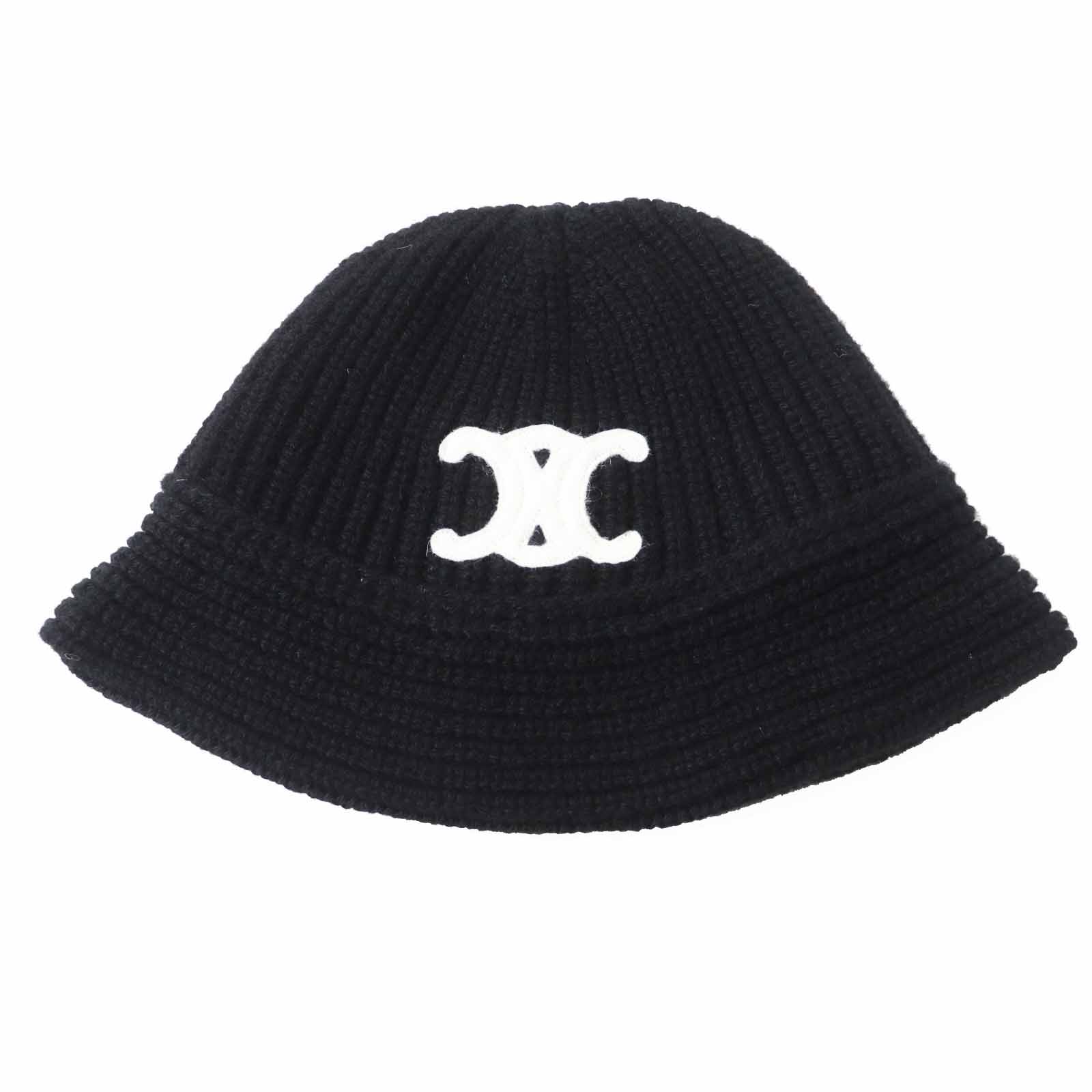 未使用品◎CELINE セリーヌ 2A80T384D カシミヤ100％ トリオンフ クロシェ ニット帽／バケット ハット／ニットキャップ ブラック ホワイト TU 保存袋付き イタリア製 正規品 レディース【中古】
