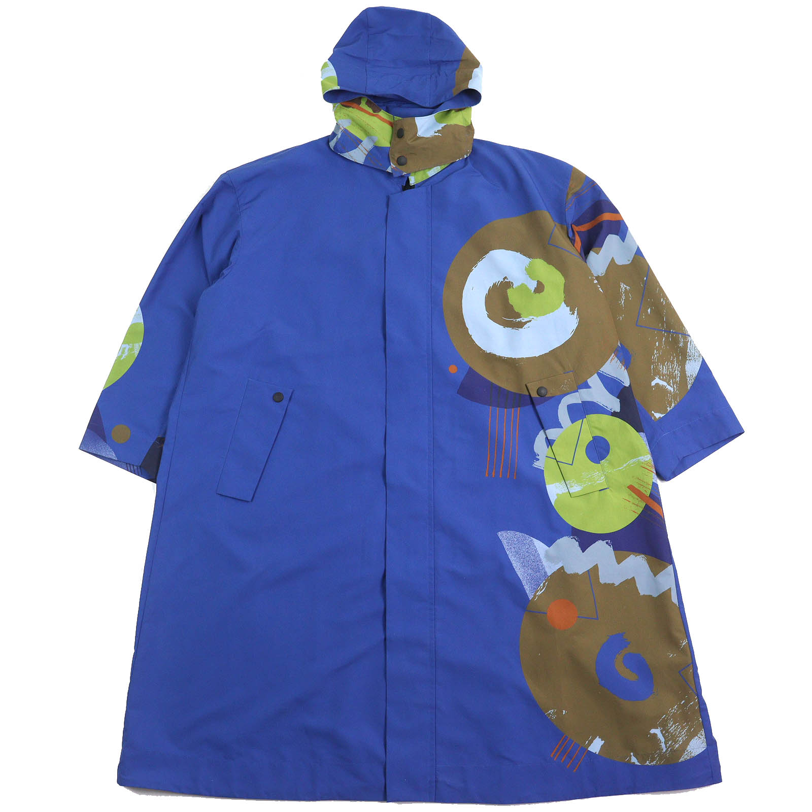 美品△HOMME PLISSE ISSEY MIYAKE オム プリッセ イッセイミヤケ HP04FA050 一部総柄デザイン フード付き ジップアップ ロングコート 撥水 ブルー マルチカラー 約XLサイズ相当 日本製 正規品 メンズ【中古】