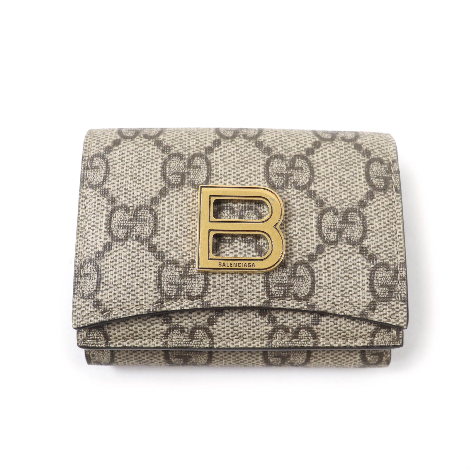 美品★GUCCI×BALENCIAGA グッチ×バレンシアガ 681700 ザ ハッカー プロジェクト ロゴプレート付 GGスプリームキャンバス 三つ折り財布 ベージュ ブラウン イタリア製 レディース【中古】