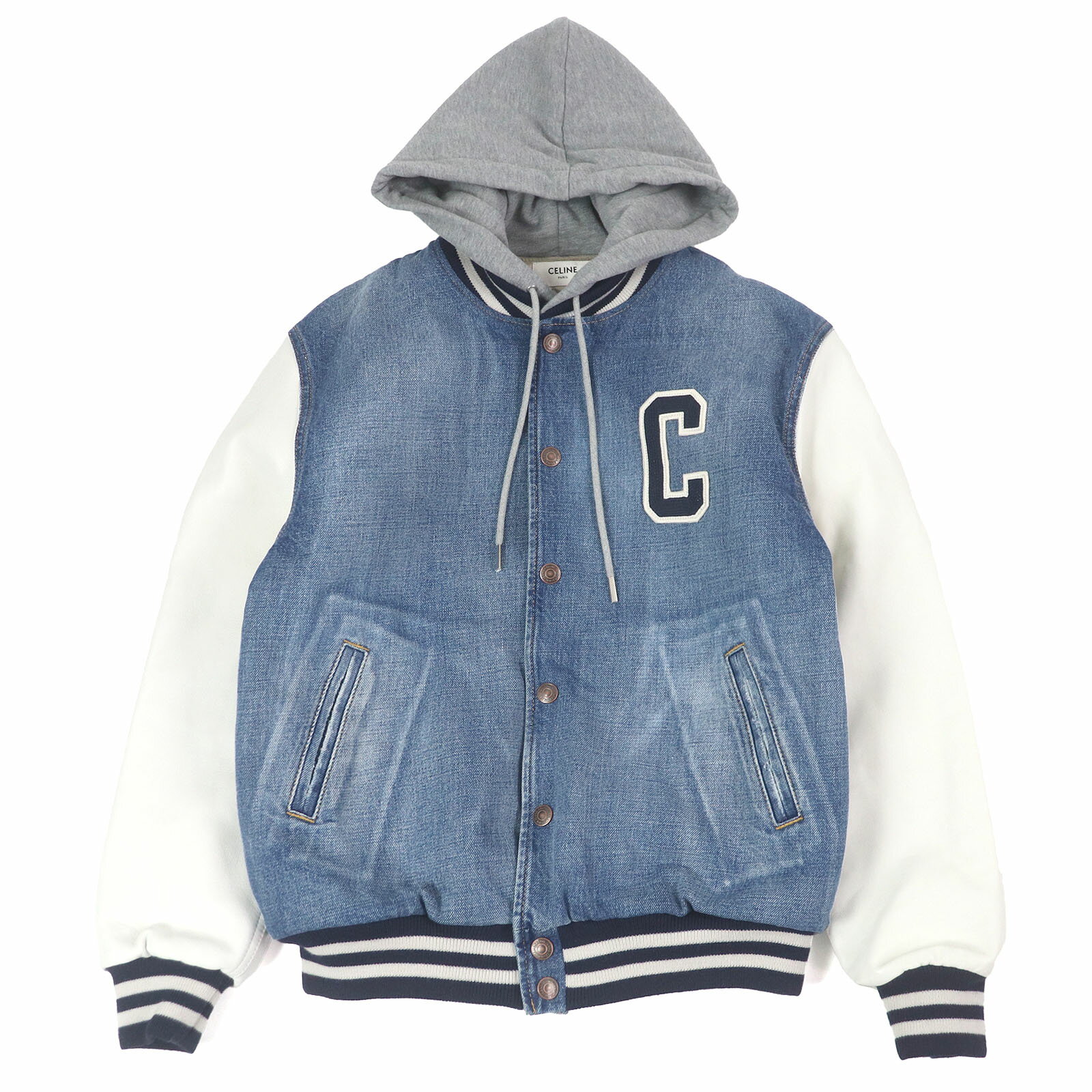 極美品□CELINE セリーヌ 23AW 2Q563206T ピズモウォッシュデニム フード付き デニム テディジャケット ブルゾンジャケット インディゴブルー S ハンガー付き イタリア製 正規品 メンズ【中古】