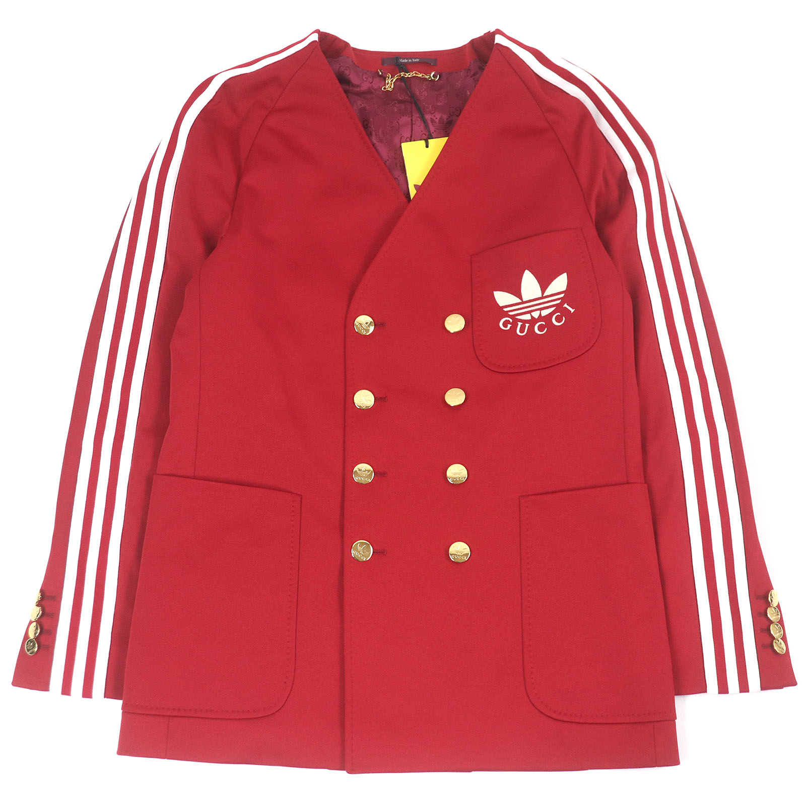 未使用品□GUCCI×adidas グッチ×アディダス 707683 トレフォイル スリーストライプス ノーカラージャケット ブレザー レッド 44 ハンガー付き イタリア製 正規品 メンズ【中古】