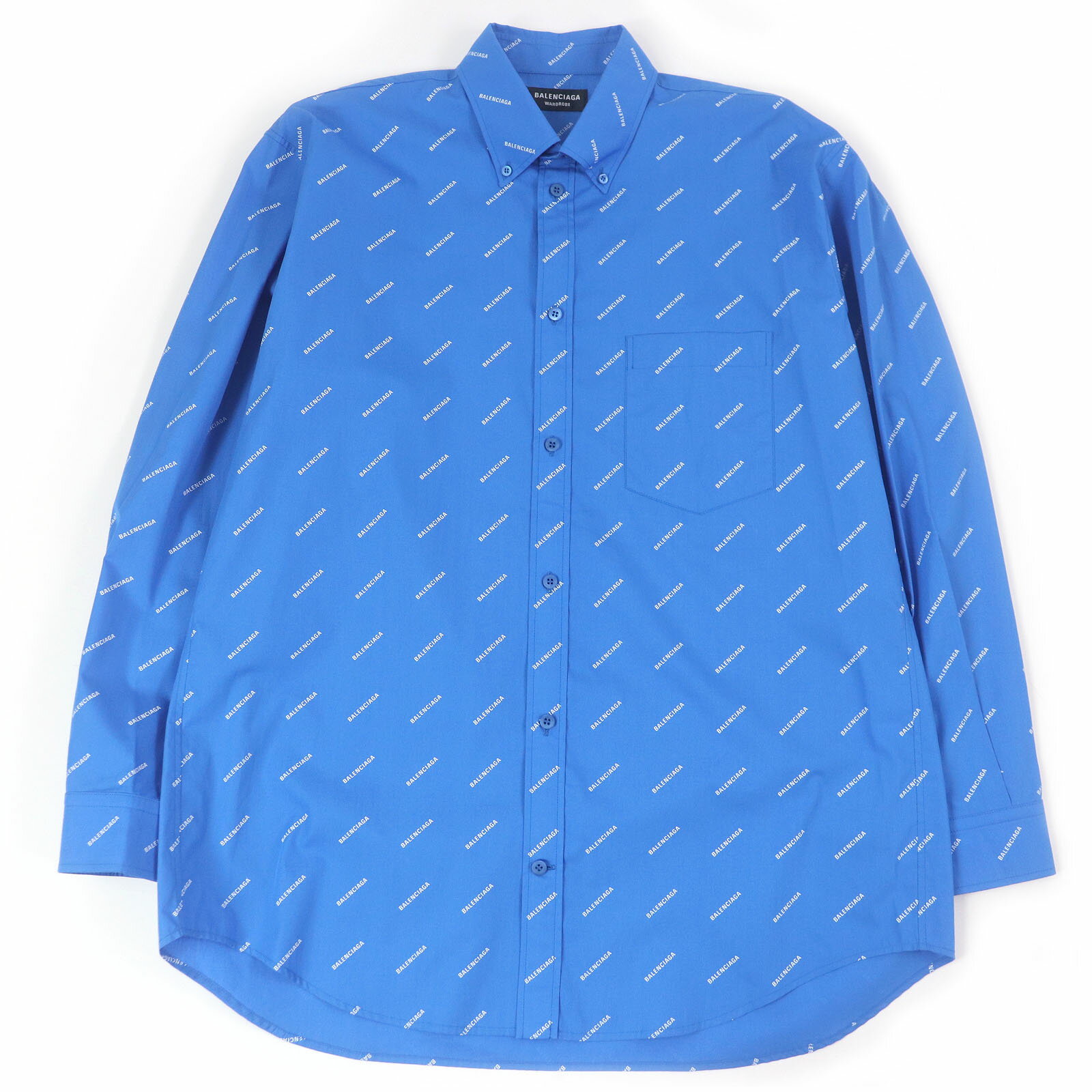 未使用品□BALENCIAGA バレンシアガ 21AW 534333 コットン100％ ロゴ総柄 ロングスリーブ オーバーサイズ 長袖シャツ ブルー 38 イタリア製 正規品 メンズ【中古】