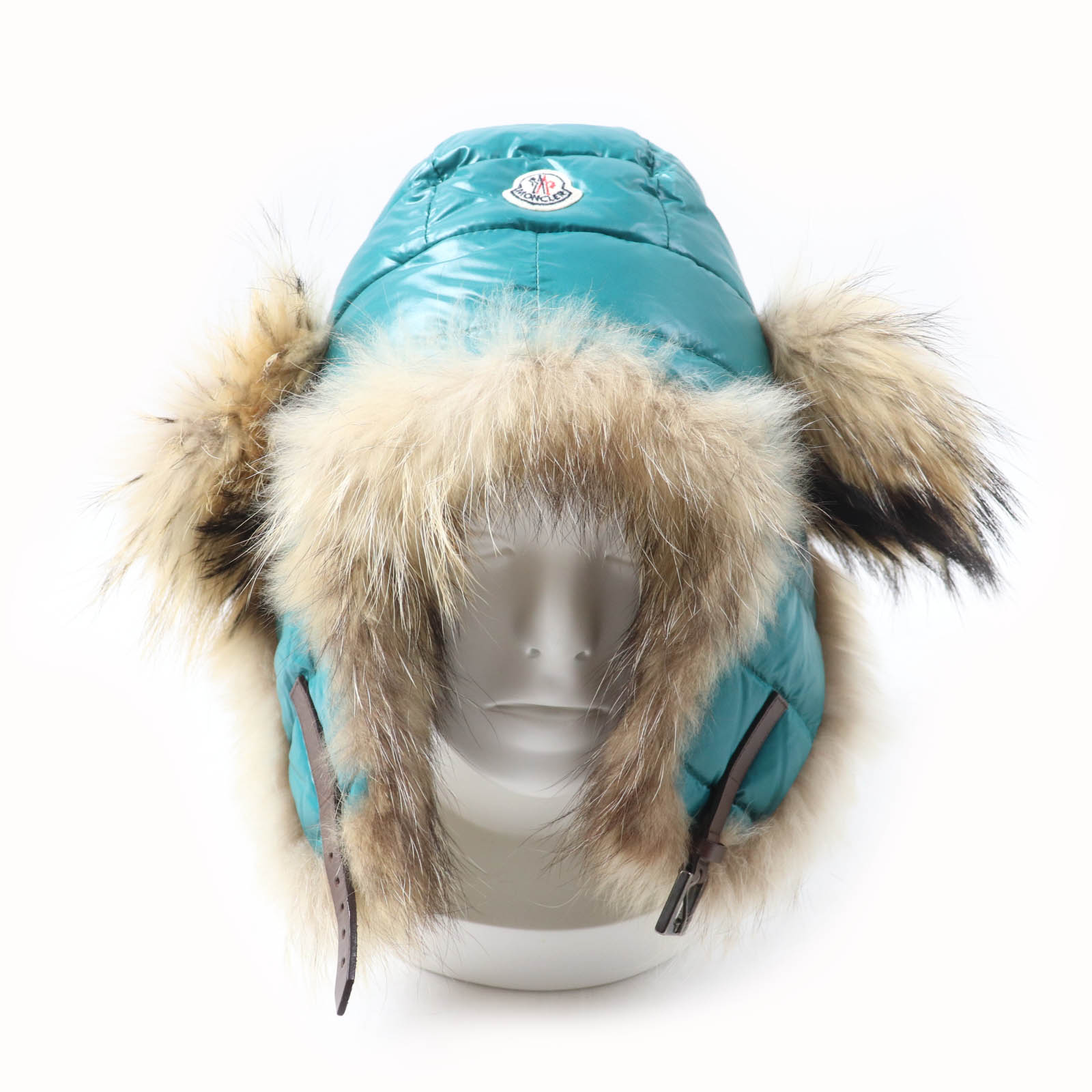極美品★MONCLER モンクレール ロゴワッペン付 ラクーンファー使い ダウン フライトキャップ 帽子 グリーン M イタリア製 レディース【中古】