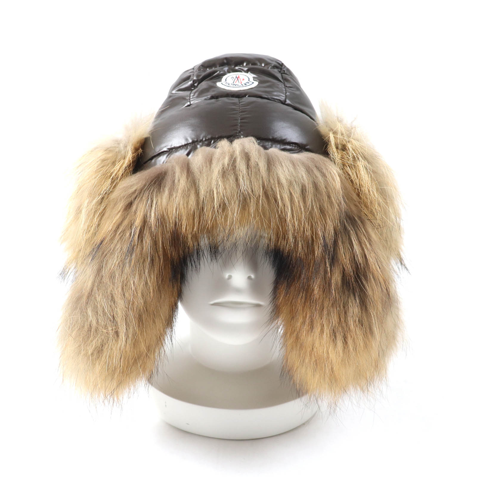 極美品★MONCLER モンクレール ロゴワッペン付 ラクーンファー使い ダウン フライトキャップ 帽子 ブラウン S イタリア製 レディース【中古】