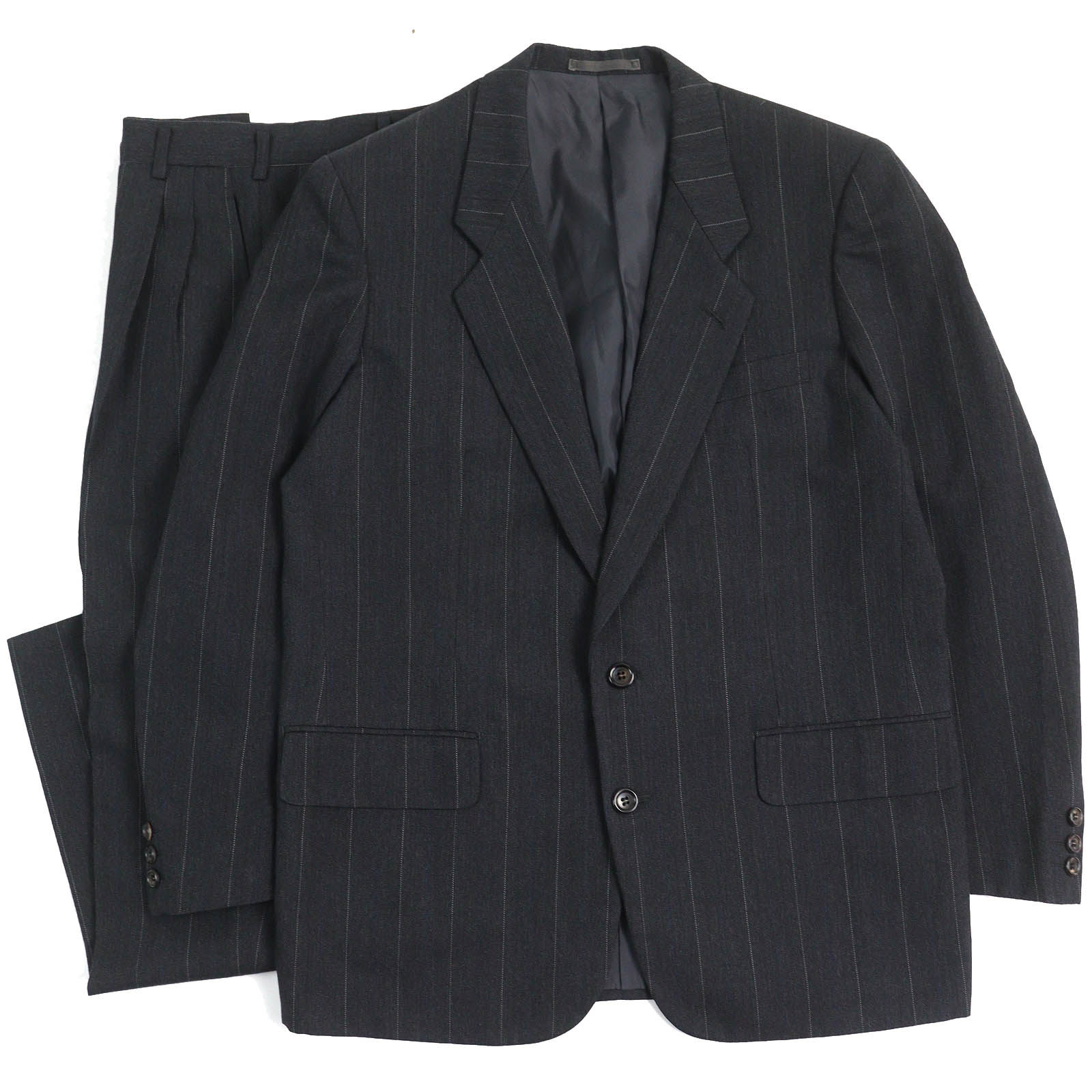 極美品△COMME des GARCONS HOMME コムデギャルソンオム ヴィンテージ ウール100％ 80S ストライプ柄 シングルスーツ セットアップ ダークグレー系 S 日本製 正規品 メンズ【中古】
