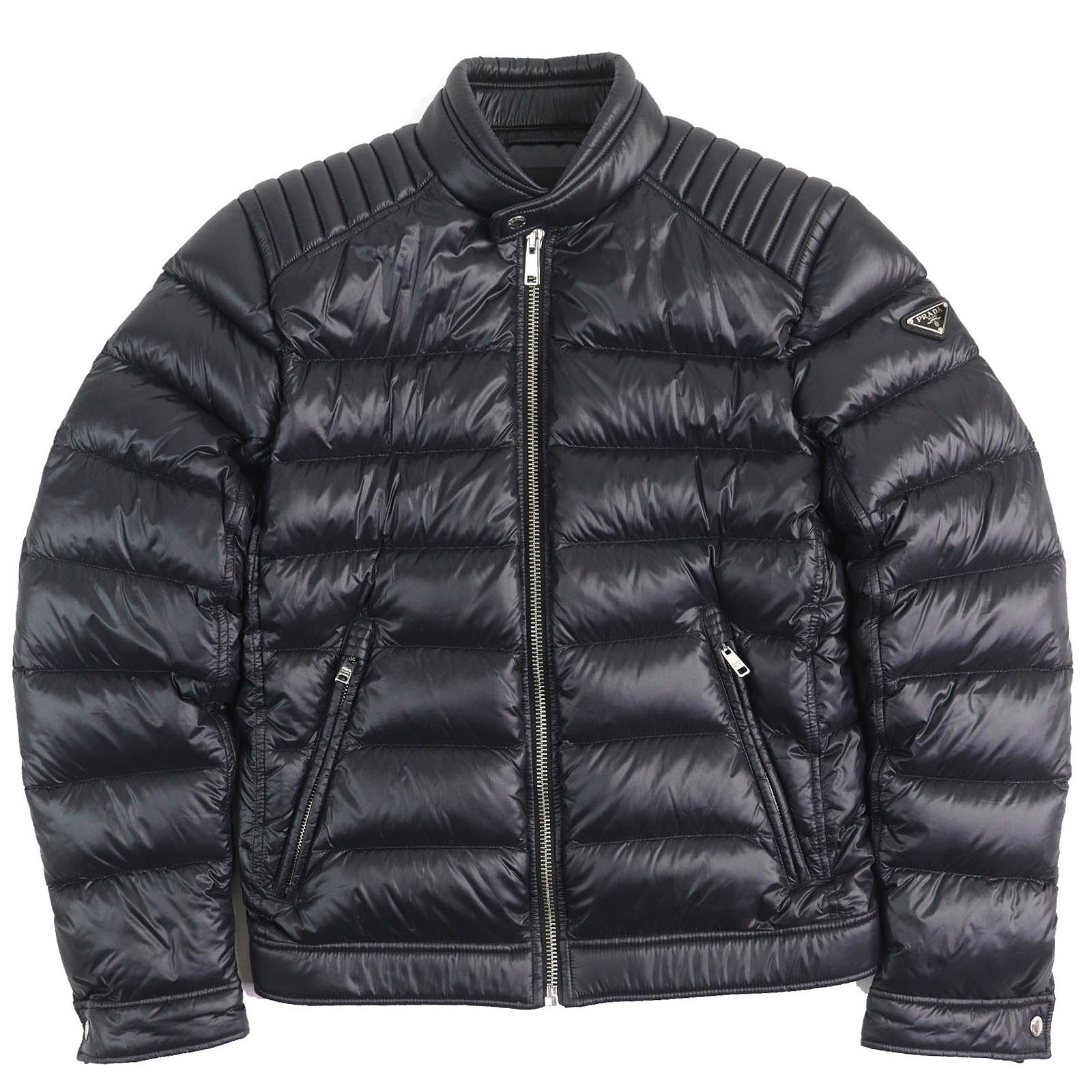 極美品△PRADA プラダ SGB608 トライアングルロゴ 三角プレート ジップアップ ライダース ダウンジャケット ブラック 46 正規品 メンズ【中古】