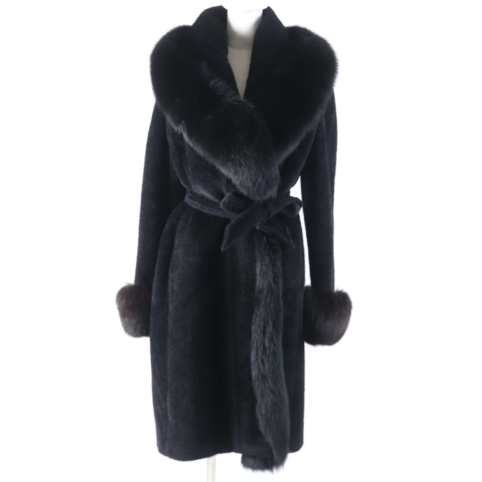 極美品☆Max Mara マックスマーラ 白タグ アルパカ バージンウール フォックスファー・ベルト付 ガウンコート ブラック 42 イタリア製 正規品 レディース【中古】