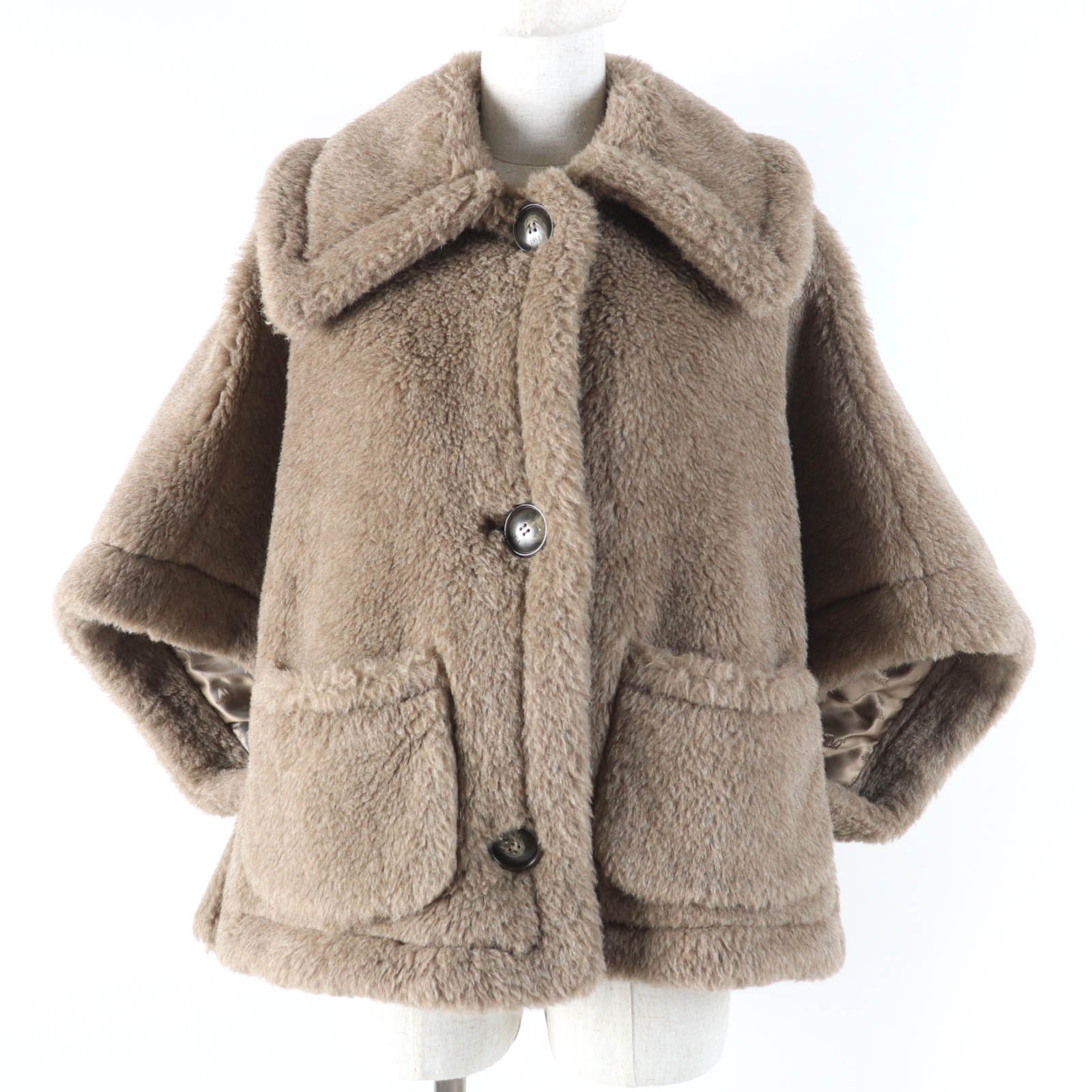 極美品☆Max Mara マックスマーラ 2023年製 23473618336 テディベア アルパカ カシミヤ 白タグ ケープ ポンチョ ブラウン SM ハンガー付き イタリア製 正規品 レディース【中古】