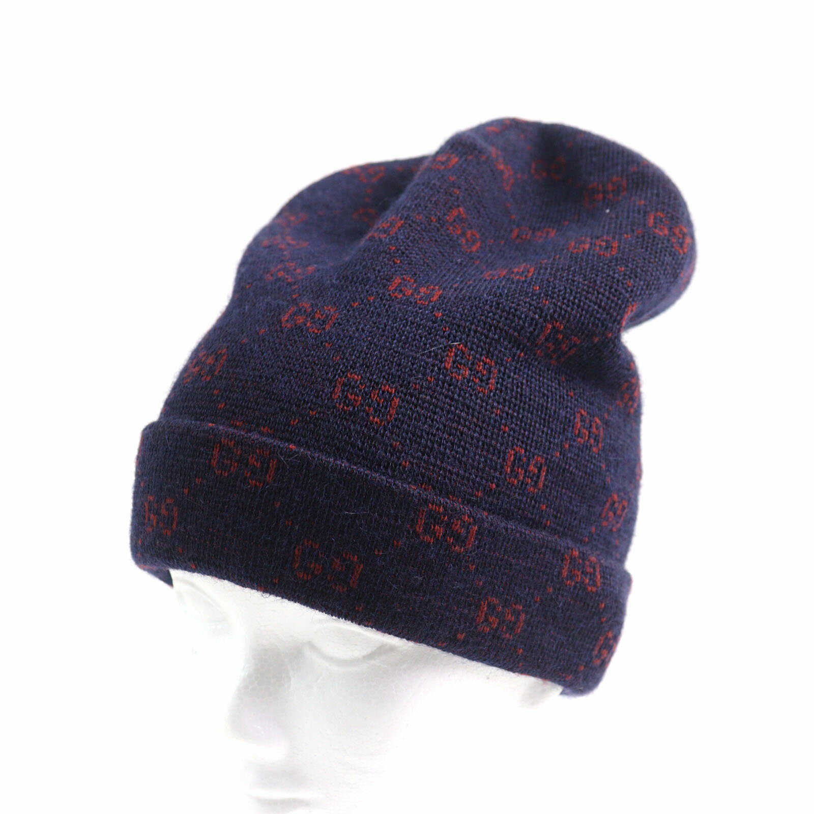 極美品○GUCCI グッチ 534812 4G295 アルパカ85% GG総柄 ビーニー ニット帽 ニットキャップ ネイビー レッド M 58 イタリア製 正規品 メンズ【中古】