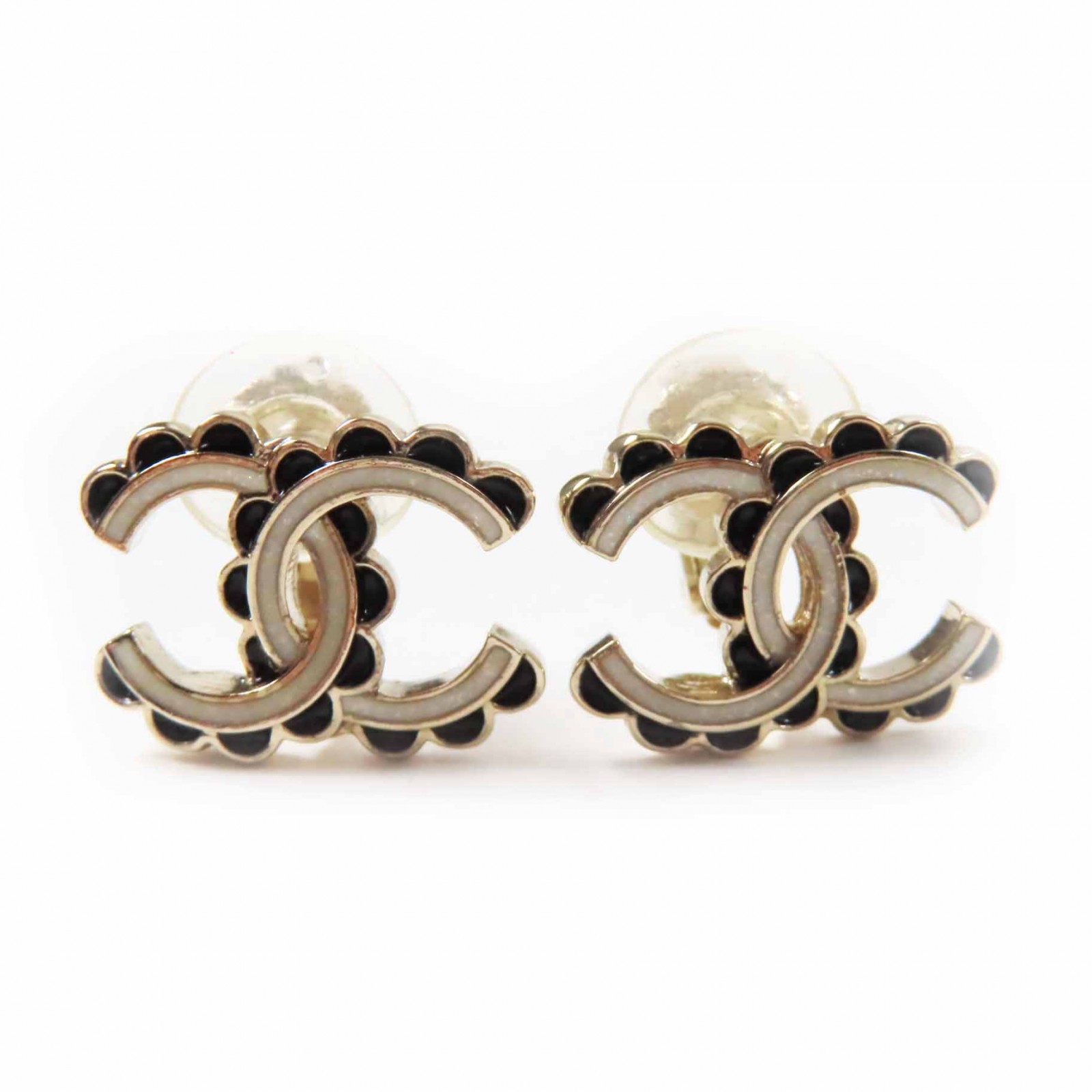 極美品◎CHANEL シャネル C24B ココマーク イヤリング アクセサリー ホワイト ブラック ゴールド 箱付き フランス製 レディース【中古】