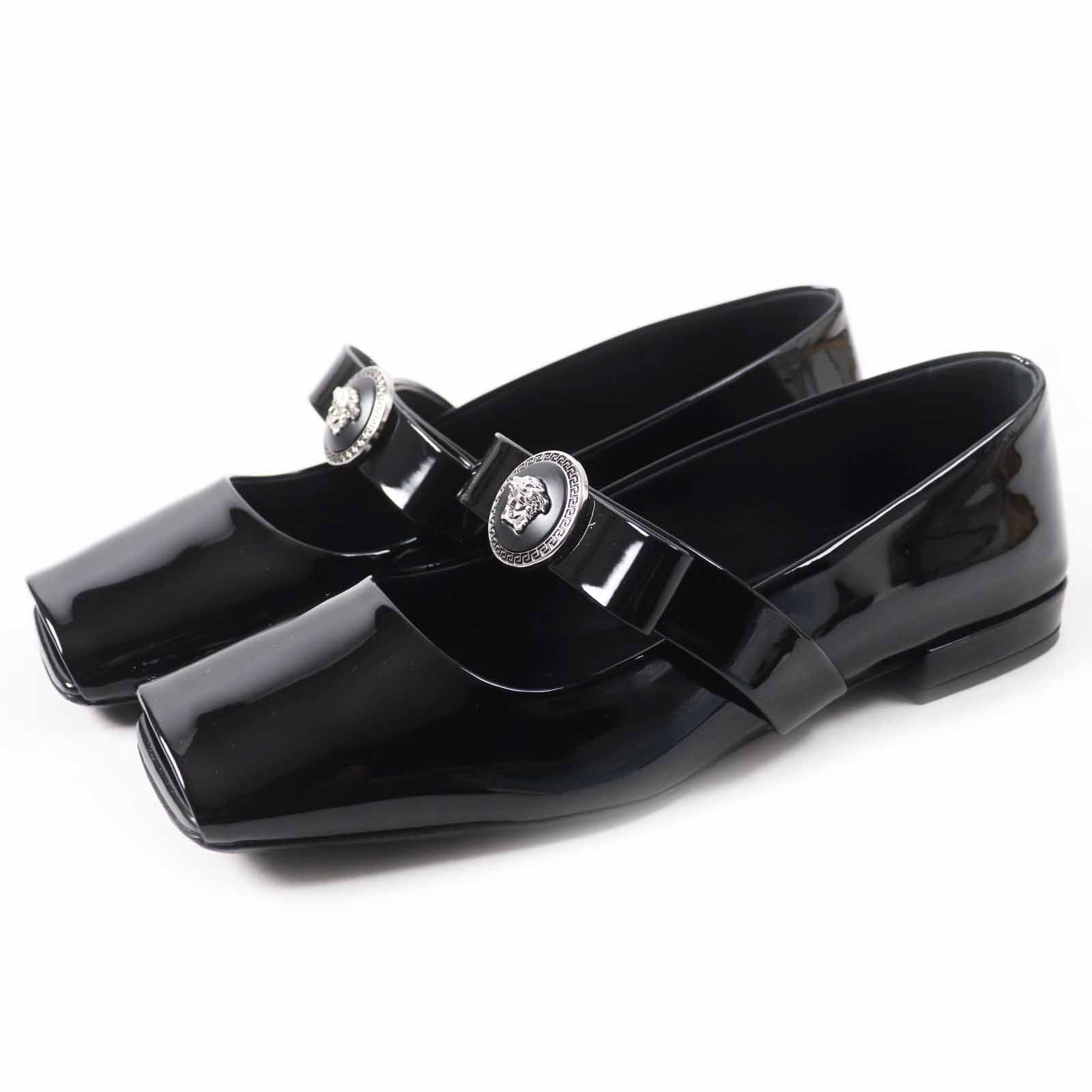 未使用品◎VERSACE ヴェルサーチ 24-25AW ジャンボ リボン バレリーナ オープントゥ パテントレザー パンプス ブラック シルバー金具 38 箱・保存袋付き イタリア製 レディース【中古】