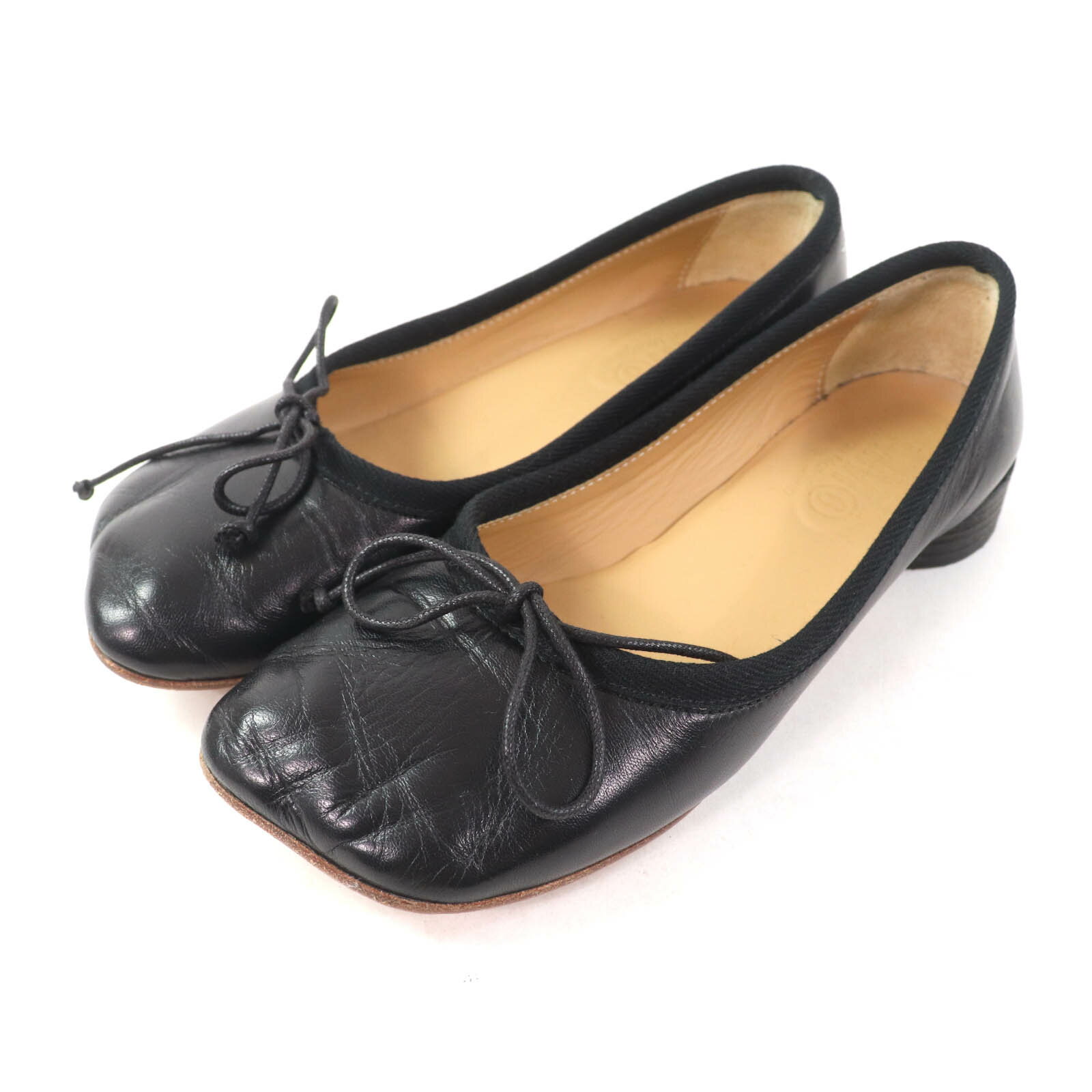 美品★MM6 Maison Margiela エムエムシックス メゾンマルジェラ アナトミックバレリーナ シューズ レザー リボンデザイン ブラック 36 イタリア製 レディース【中古】