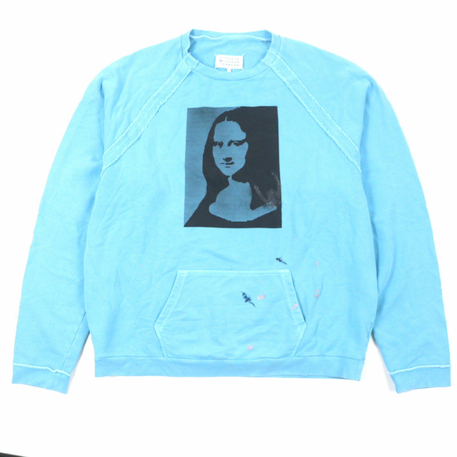 美品▼Maison Margiela 10 メゾンマルジェラ10 S30GU0074 コットン100% インサイドアウト モナリザプリント ペイント加工 クルーネック プルオーバー スウェット ブルー 50 イタリア製 正規品 メンズ【中古】
