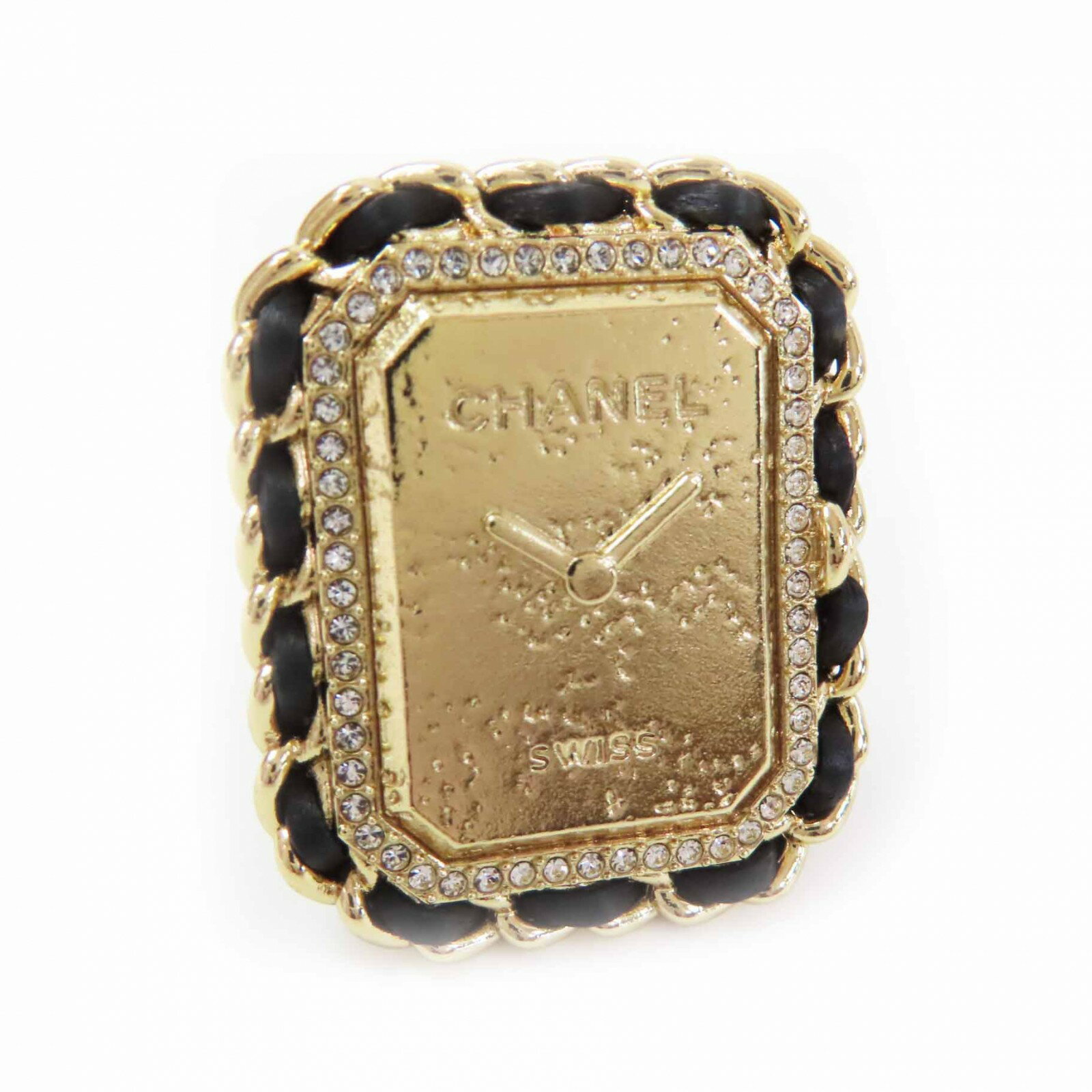 未使用品◎CHANEL シャネル B23A プルミエール時計デザイン ココマーク ラインストーン装飾 リング・指輪 ブラック ゴールド 12号 箱付き イタリア製 レディース【中古】