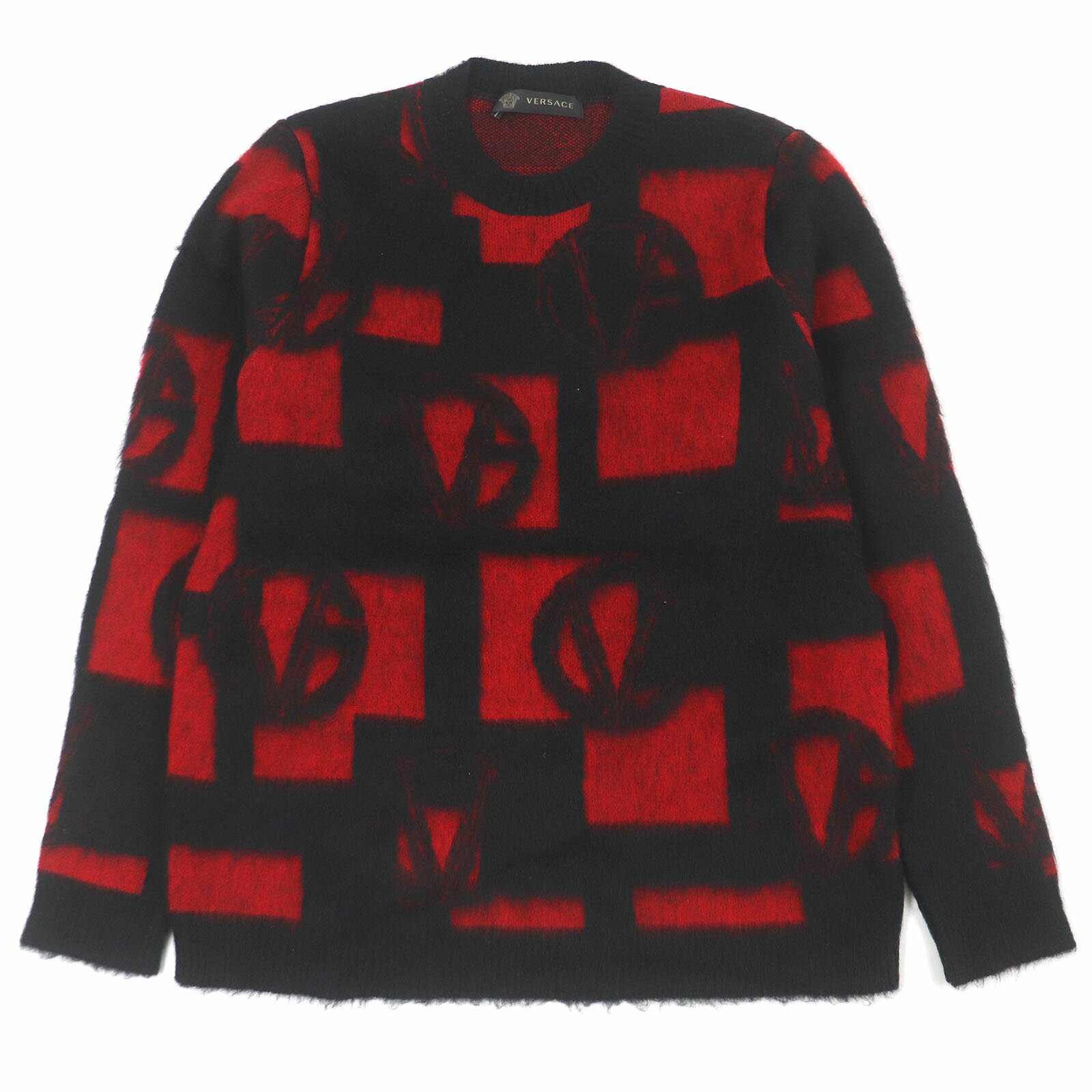 極美品□VERSACE ヴェルサーチ 2019年製 ウール モヘア 総柄 ロングスリーブ ニット レッド ブラック 50 イタリア製 正規品 メンズ【中古】