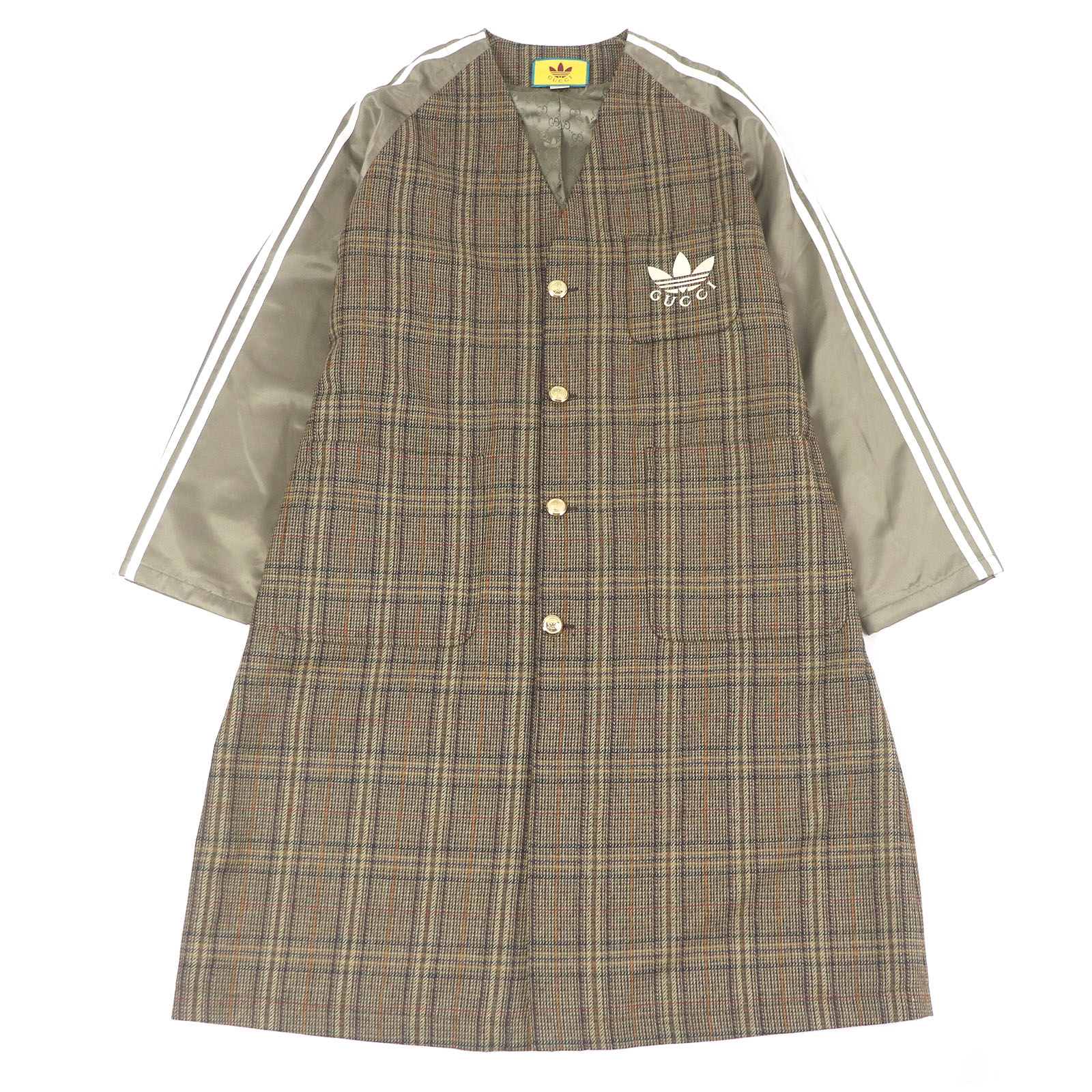 未使用品□GUCCI×adidas グッチ×アディダス 710398 スリーストライプス トレフォイル チェック柄 切替デザイン ノーカラーコート ブラウン 48 イタリア製 正規品 メンズ【中古】