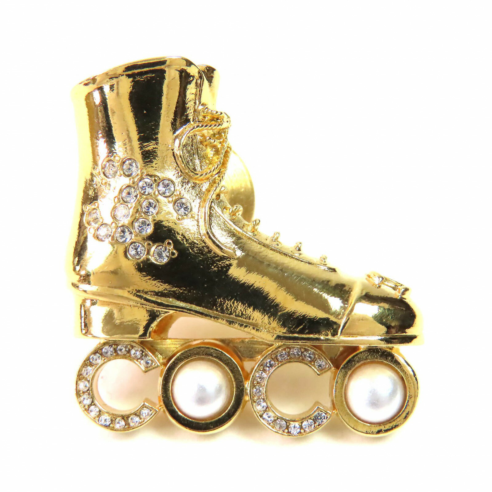 極美品△CHANEL シャネル F24 ローラースケート COCO フェイクパール ココマーク ラインストーン ブローチ ゴールド フランス製 レディース【中古】