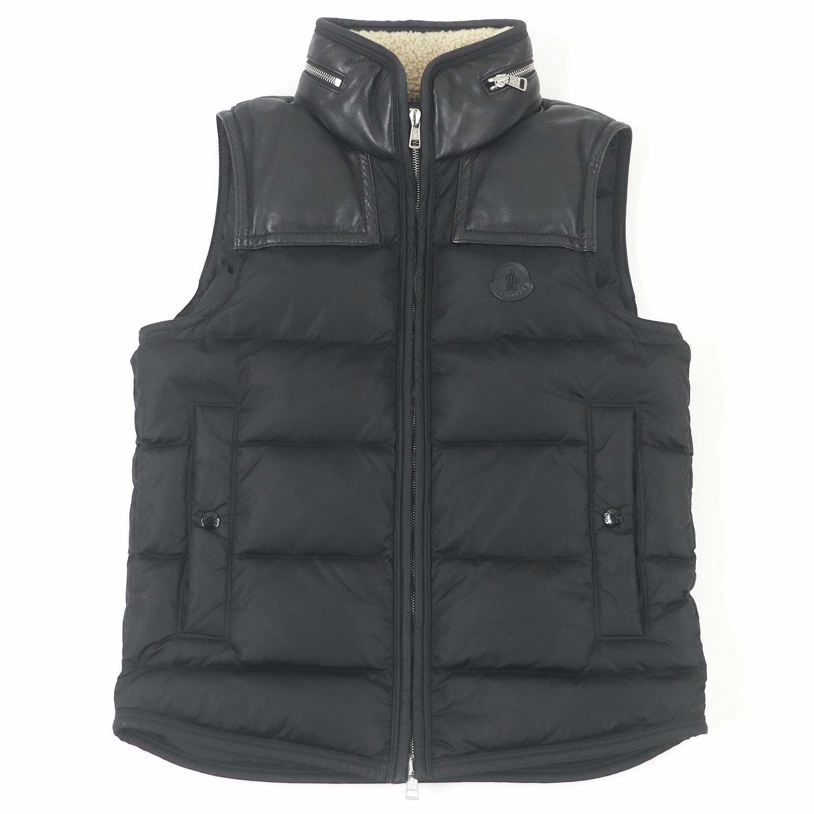 美品□MONCLER モンクレール MILLAIS GILET ラムレザー ムートン使い ロゴワッペン付き ダウンベスト ジレ ブラック 0 正規品 メンズ【中古】