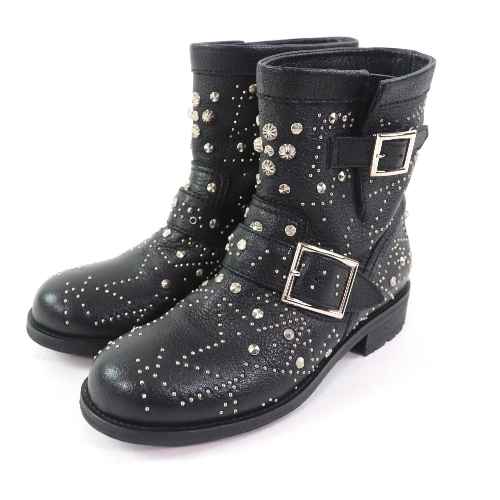 極美品★JIMMY CHOO ジミーチュウ スタッズ・ロゴプレート付 ベルトデザイン レザー ショートブーツ ブラック シルバー金具 36.5 保存袋付き イタリア製 レディース【中古】