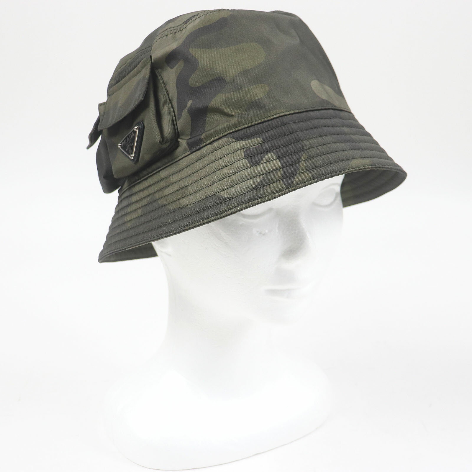 極美品□PRADA プラダ 2023年製 2HC350 Re-Nylon カモフラ柄 トライアングルロゴ バケットハット 帽子 カーキ XXL イタリア製 正規品 メンズ【中古】
