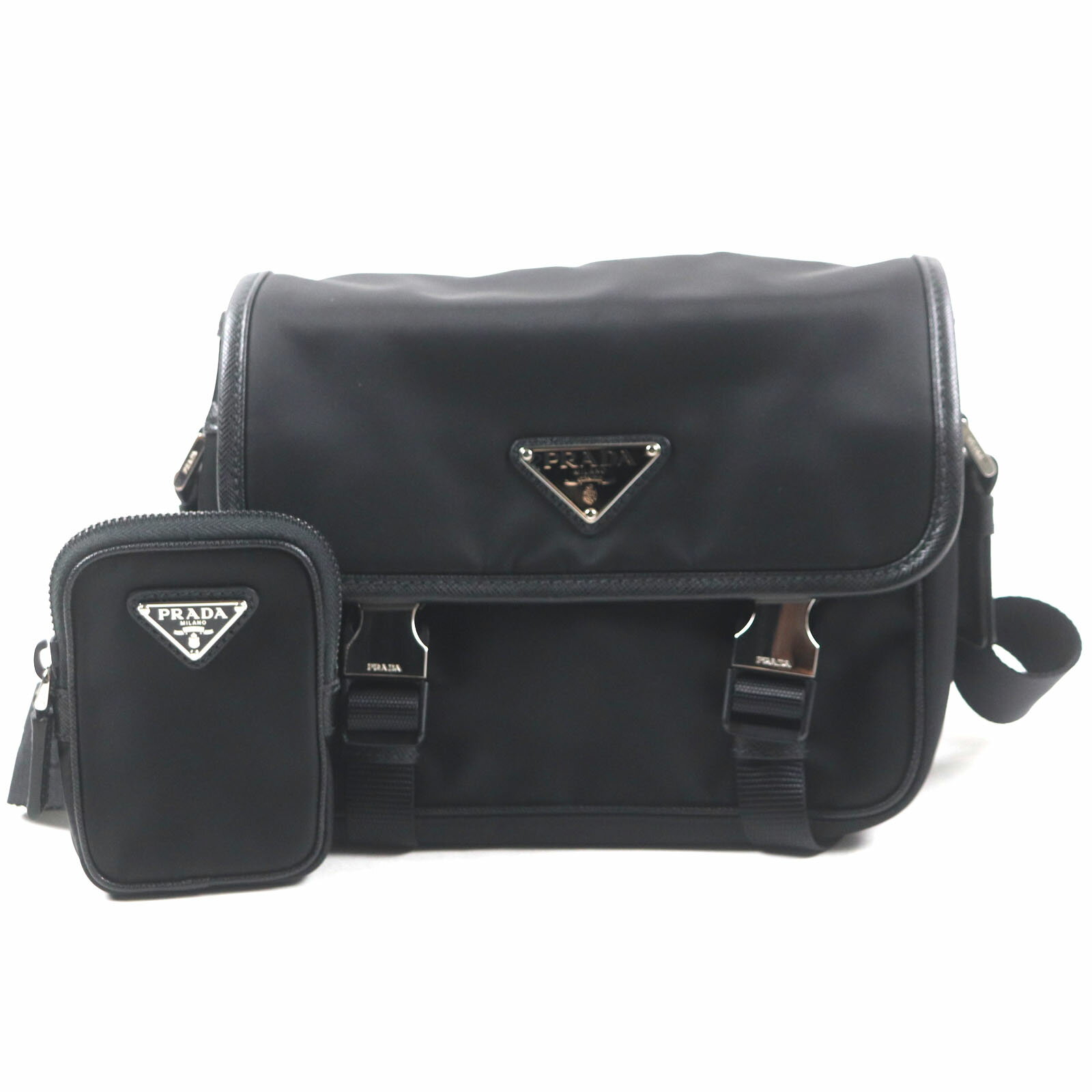 極美品▼PRADA プラダ 2VD034 トライアングルロゴ 三角プレート ポーチ付き ナイロン テスート サフィアーノレザー ショルダーバッグ ブラック メンズ【中古】