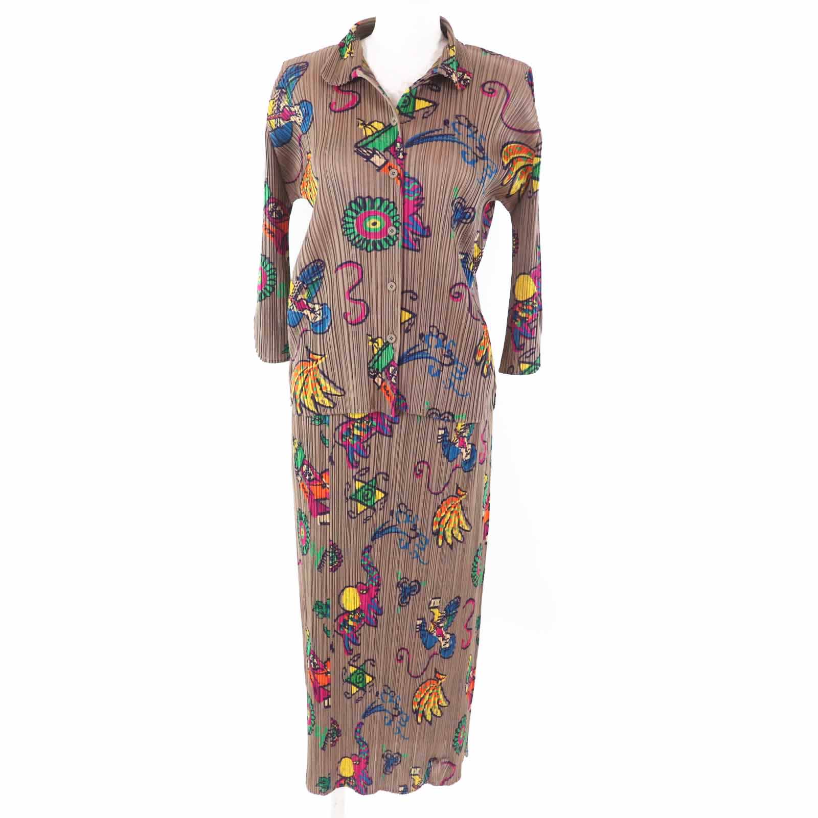極美品◎PLEATS PLEASE プリーツプリーズ イッセイミヤケ PP61-JJ842 PP61-JG844 セットアップ 長袖シャツ／ロングスカート モカ マルチ 3 日本製 正規品 レディース【中古】