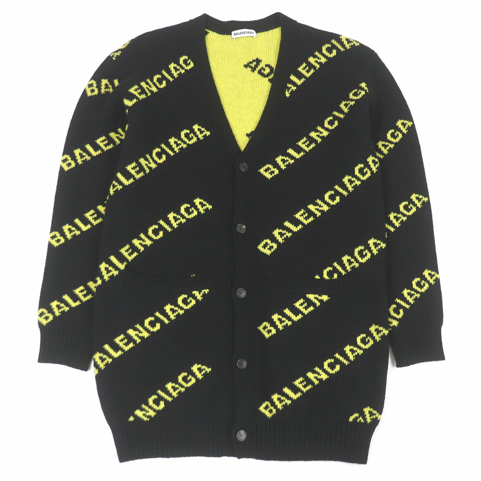 極美品□BALENCIAGA バレンシアガ 555280 ウール ジャガードロゴ オーバーサイズ ニットカーディガン ブラック S イタリア製 正規品 メンズ【中古】