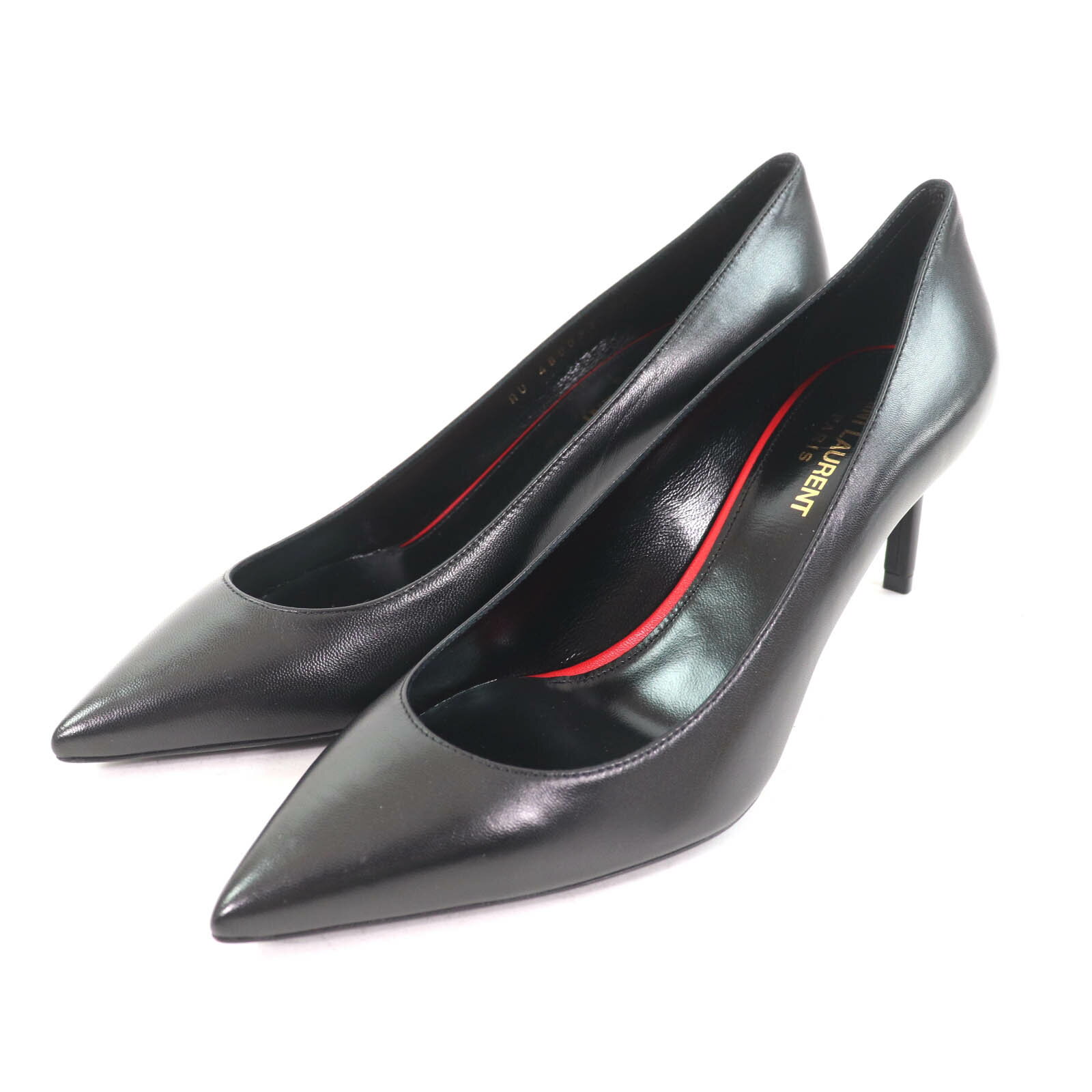 未使用品★SAINT LAURENT PARIS サンローランパリ 480093 ポインテッドトゥ ピンヒール レザー パンプス ブラック 37.5 イタリア製 レディース【中古】