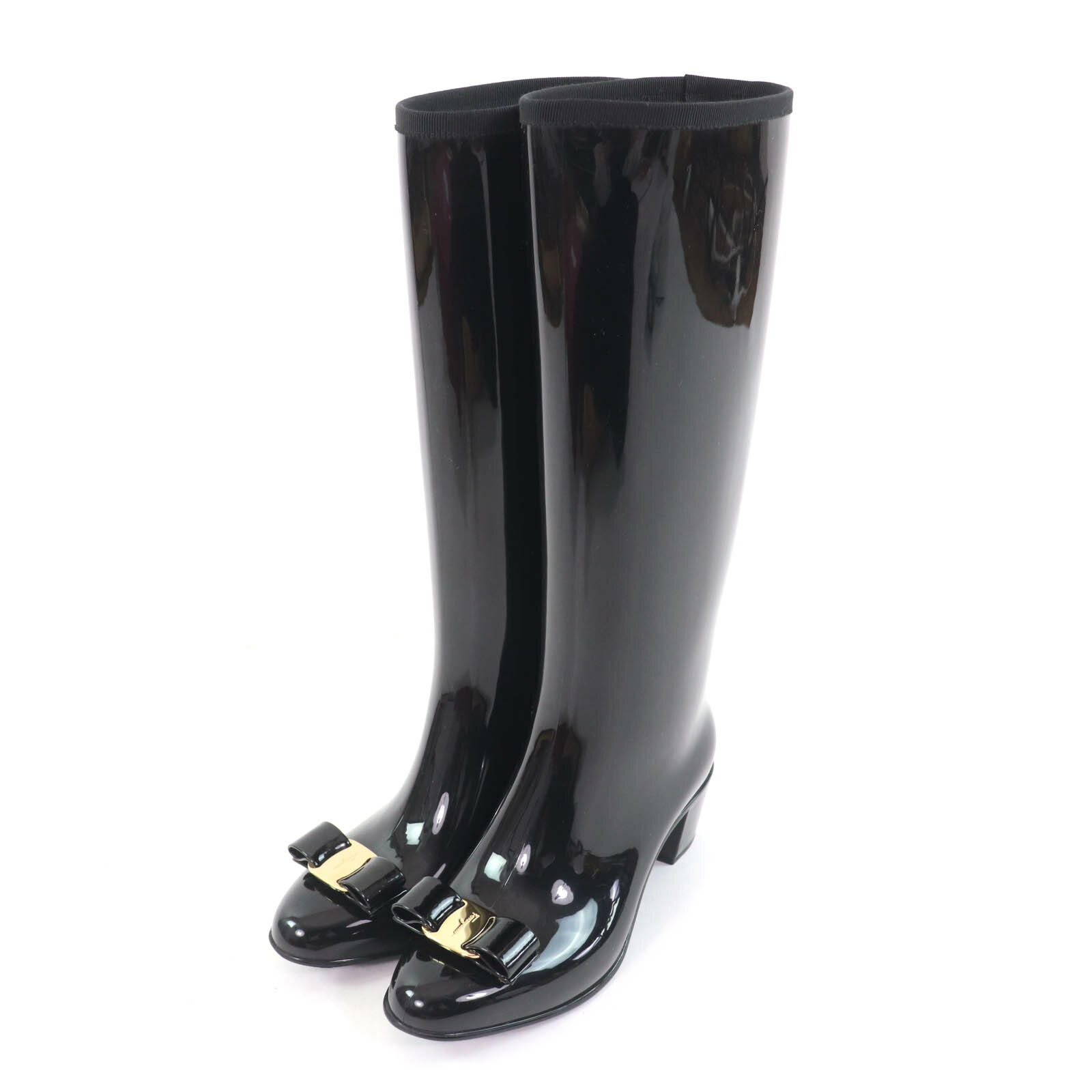 美品★Salvatore Ferragamo サルヴァトーレフェラガモ 0592774 NIPER ヴァラリボン付 レインブーツ ラバー ロングブーツ ブラック ゴールド金具 5 箱・保存袋付き イタリア製 レディース【中古】