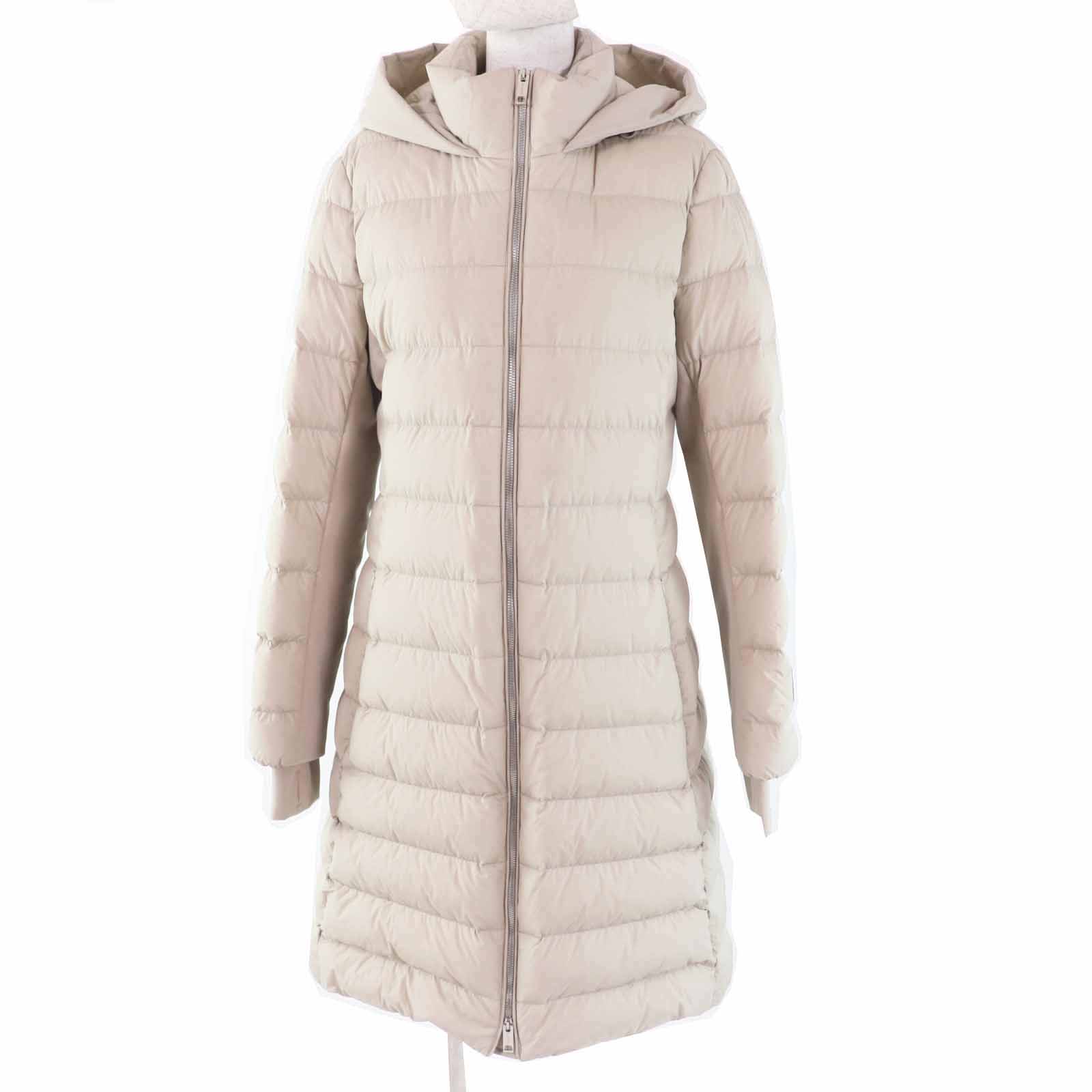 極美品◎BURBERRY LONDON バーバリーロンドン ラバーロゴワッペン フード付き ロングダウンコート ライトベージュ M 正規品 レディース【中古】