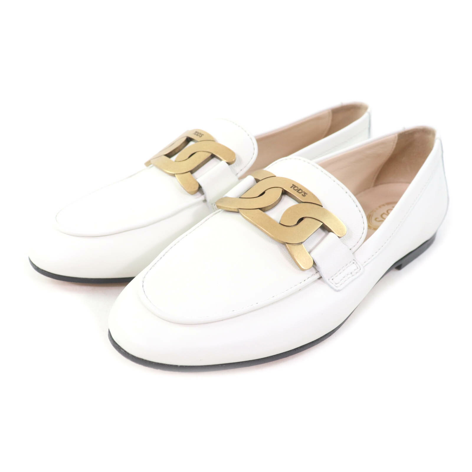 美品★TOD’S トッズ WXW79A0DD00MID ケイト チェーンモチーフ レザー ローファー ホワイト ゴールド金具 36 箱・保存袋付き イタリア製【中古】