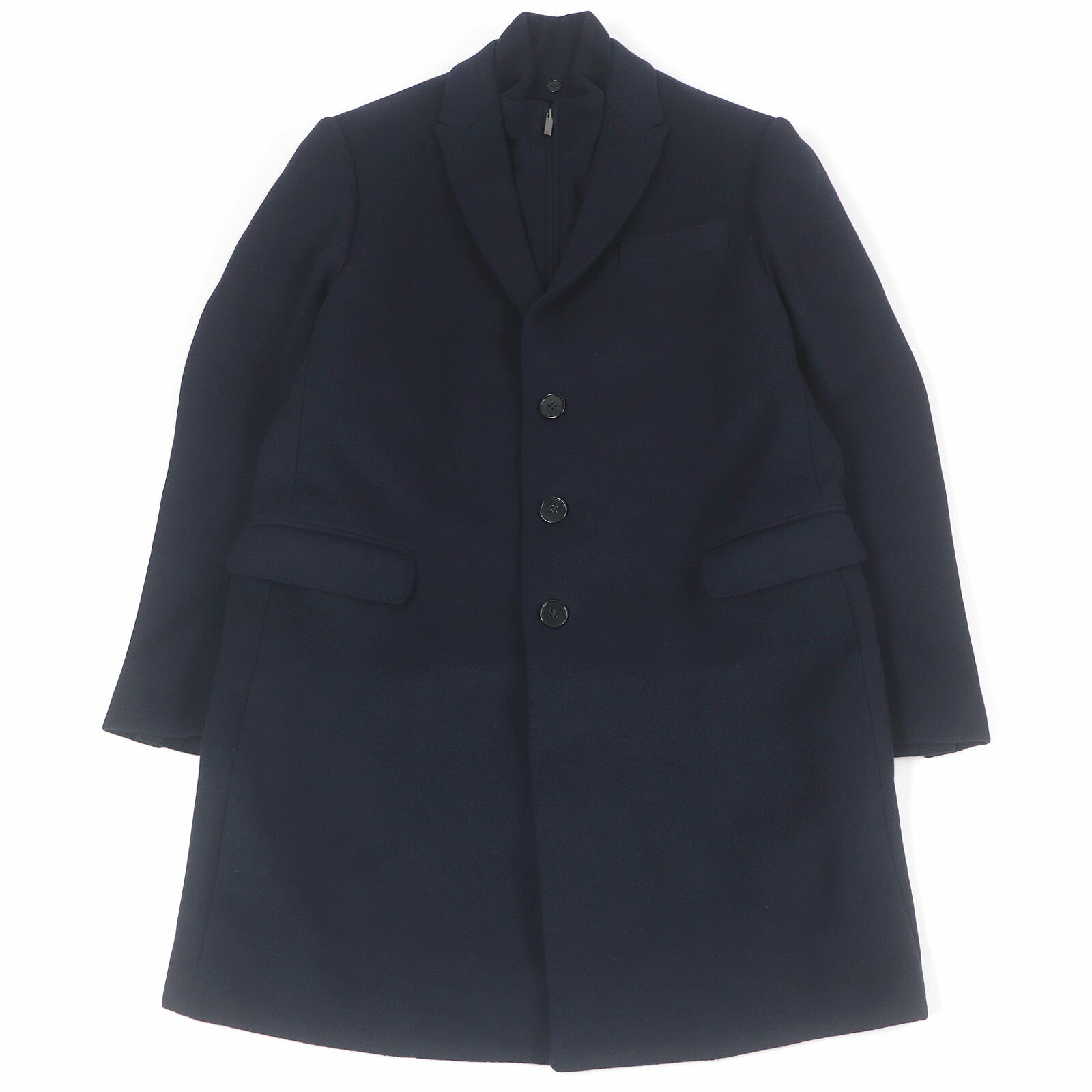 極美品□EMPORIO ARMANI エンポリオ アルマーニ 2023年製 黒タグ M LINE ドッキングデザイン チェスターコート ネイビー 52 ブルガリア製 正規品 メンズ【中古】