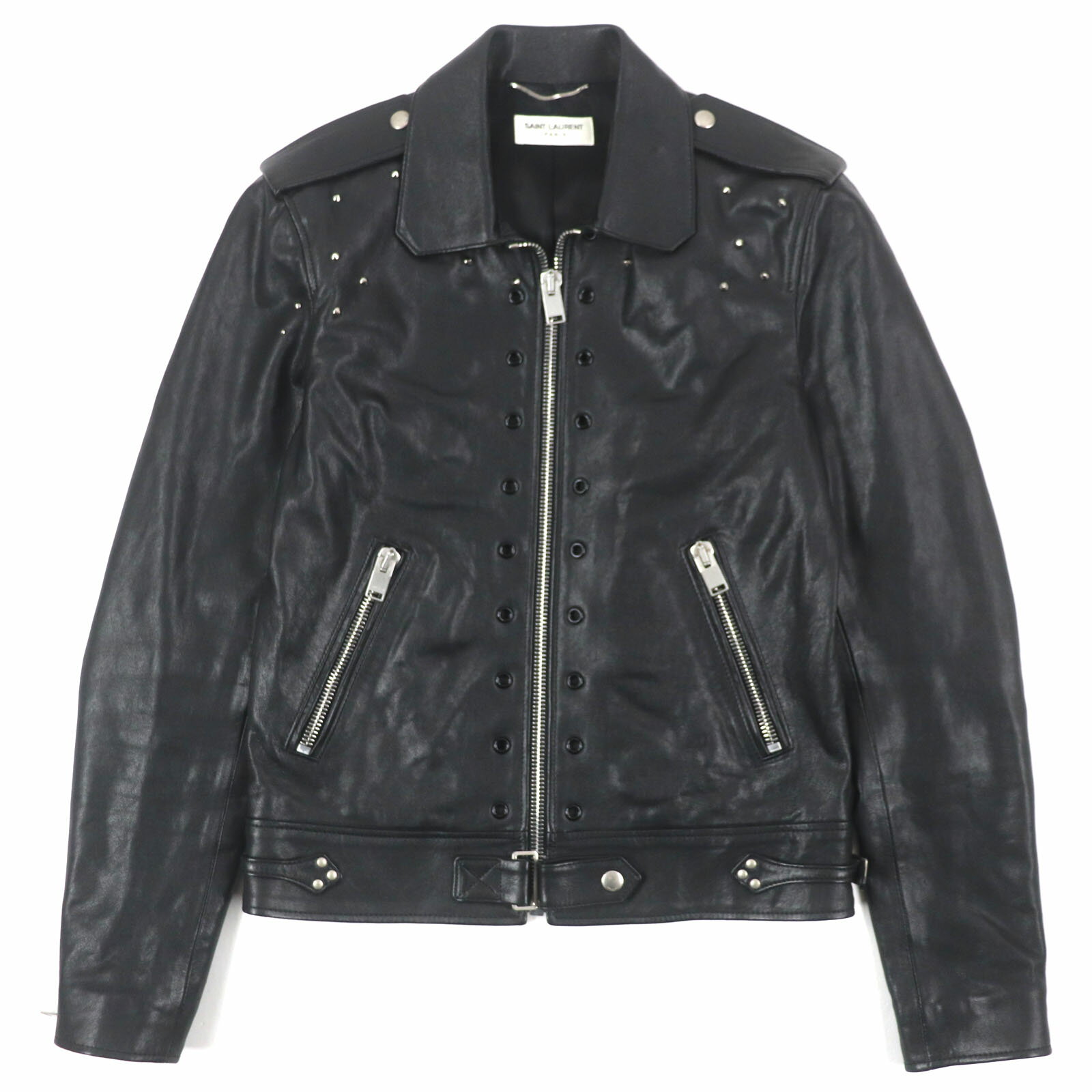 美品▼SAINT LAURENT PARIS サンローランパリ 2013年製 344669 エディ期 スタッズ ジップアップ シングル ラムレザー ライダースジャケット ブラック 44 イタリア製 正規品 メンズ【中古】