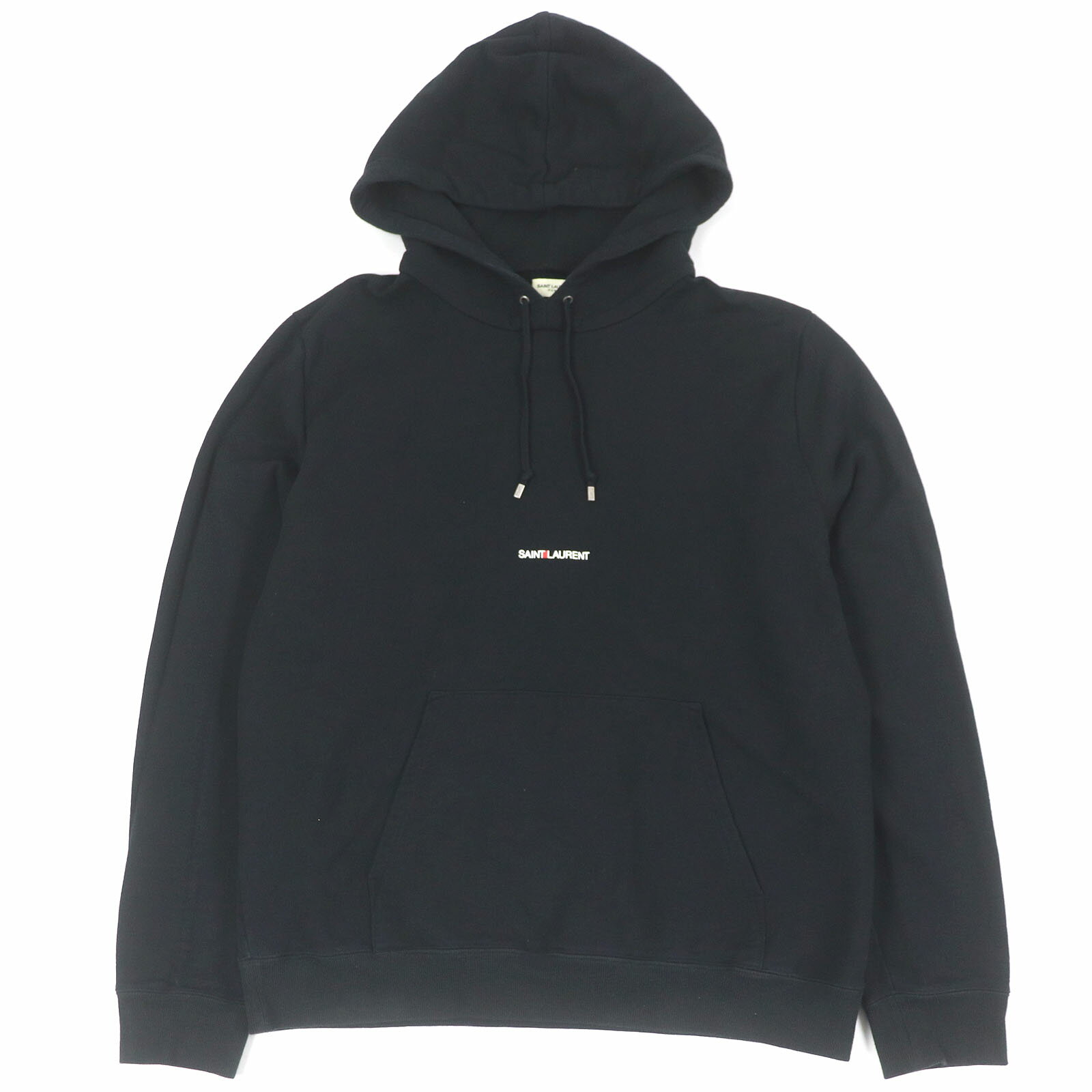 【ドンドン見直し】美品□SAINT LAURENT PARIS サンローランパリ 2022年製 677259 コットン100％ ミニロゴプリント プルオーバーパーカー ブラック XL フランス製 正規品 メンズ【中古】