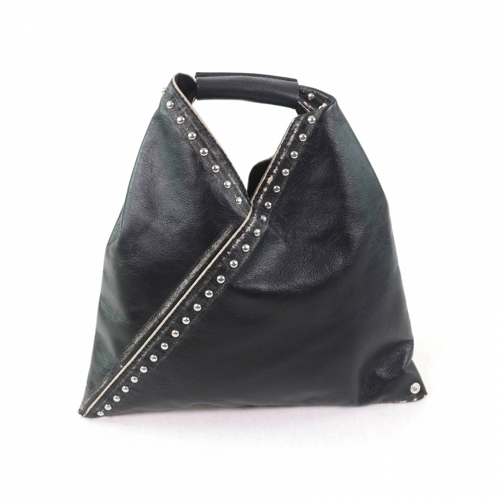 極美品★MM6 Maison Margiela エムエムシックス メゾンマルジェラ SB6WD0013 USED加工 スタッズ付 レザー ハンドバッグ ブラック シルバー金具 保存袋付き レディース【中古】