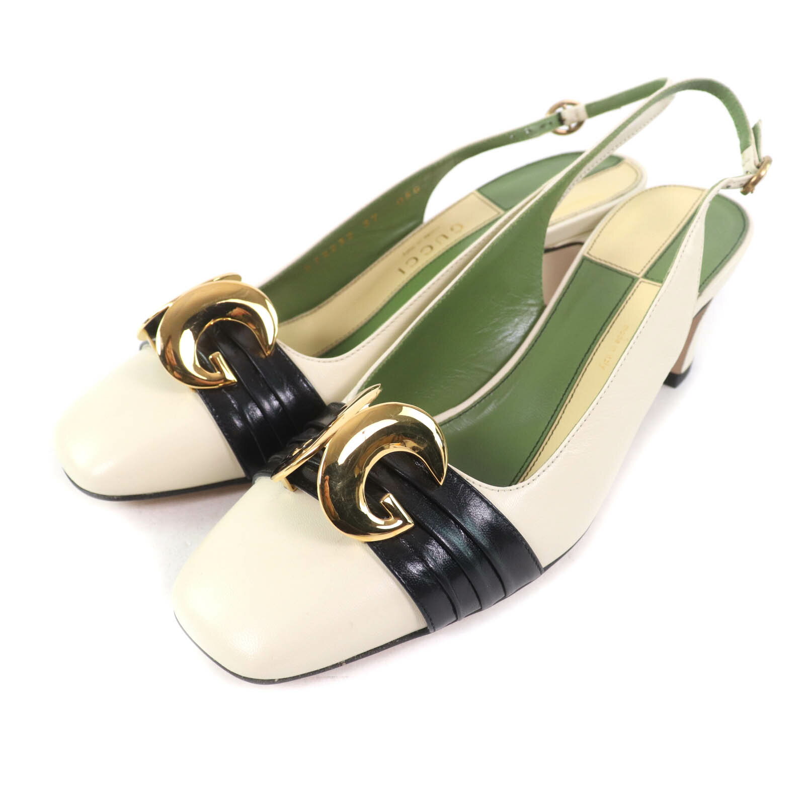 未使用品★GUCCI グッチ 572232 ハーフムーンGG バックストラップ スクエアトゥ レザー パンプス アイボリー 37 保存袋付き イタリア製 レディース【中古】