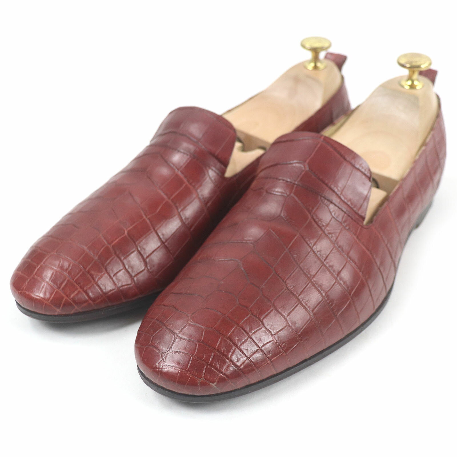 【ドンドン見直し】良品□HERMES エルメス クロコダイルレザー スリッポン フラットシューズ モカシン ボルドー 42 イタリア製 メンズ【中古】