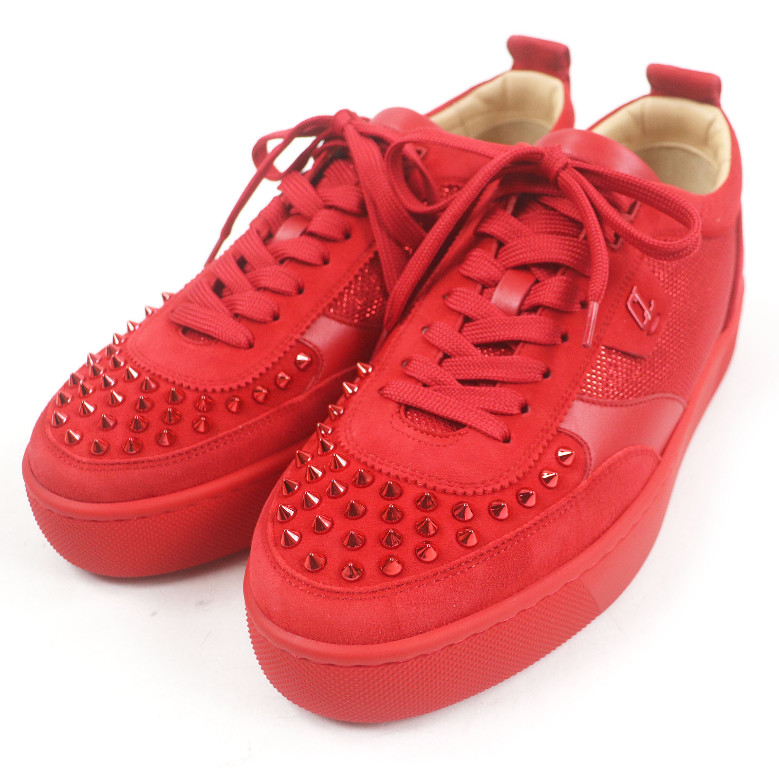 【ドンドン見直し】美品□Christian Louboutin クリスチャンルブタン Happy Rui Spikes スパイクスタッズ スウェードレザー ローカットスニーカー レッド 41.5 イタリア製 メンズ【中古】