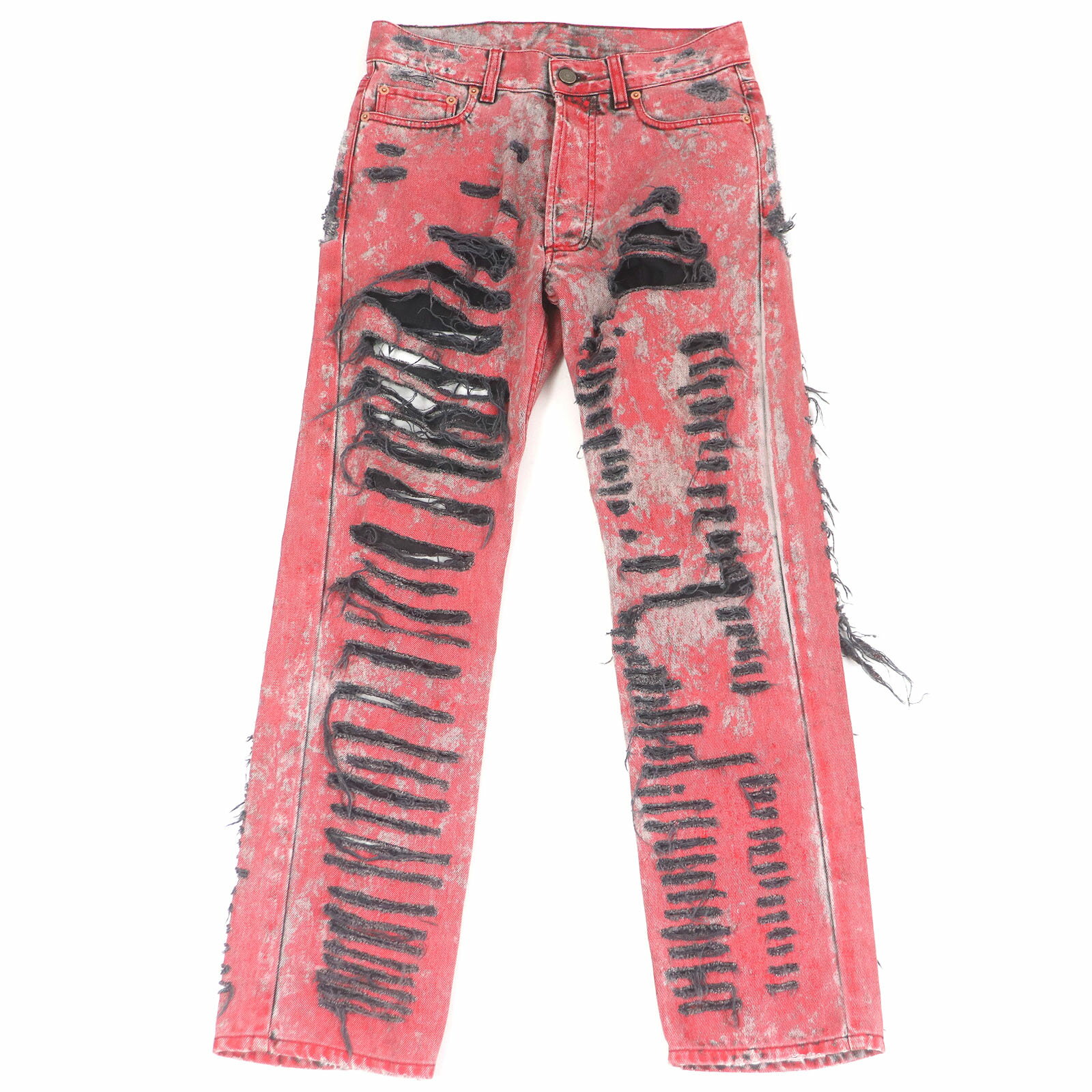 【ドンドン見直し】美品□GUCCI グッチ 536174 ボタンフライ レザーパッチ クラッシュ デニムパンツ レッド 28 イタリア製 正規品 メンズ【中古】