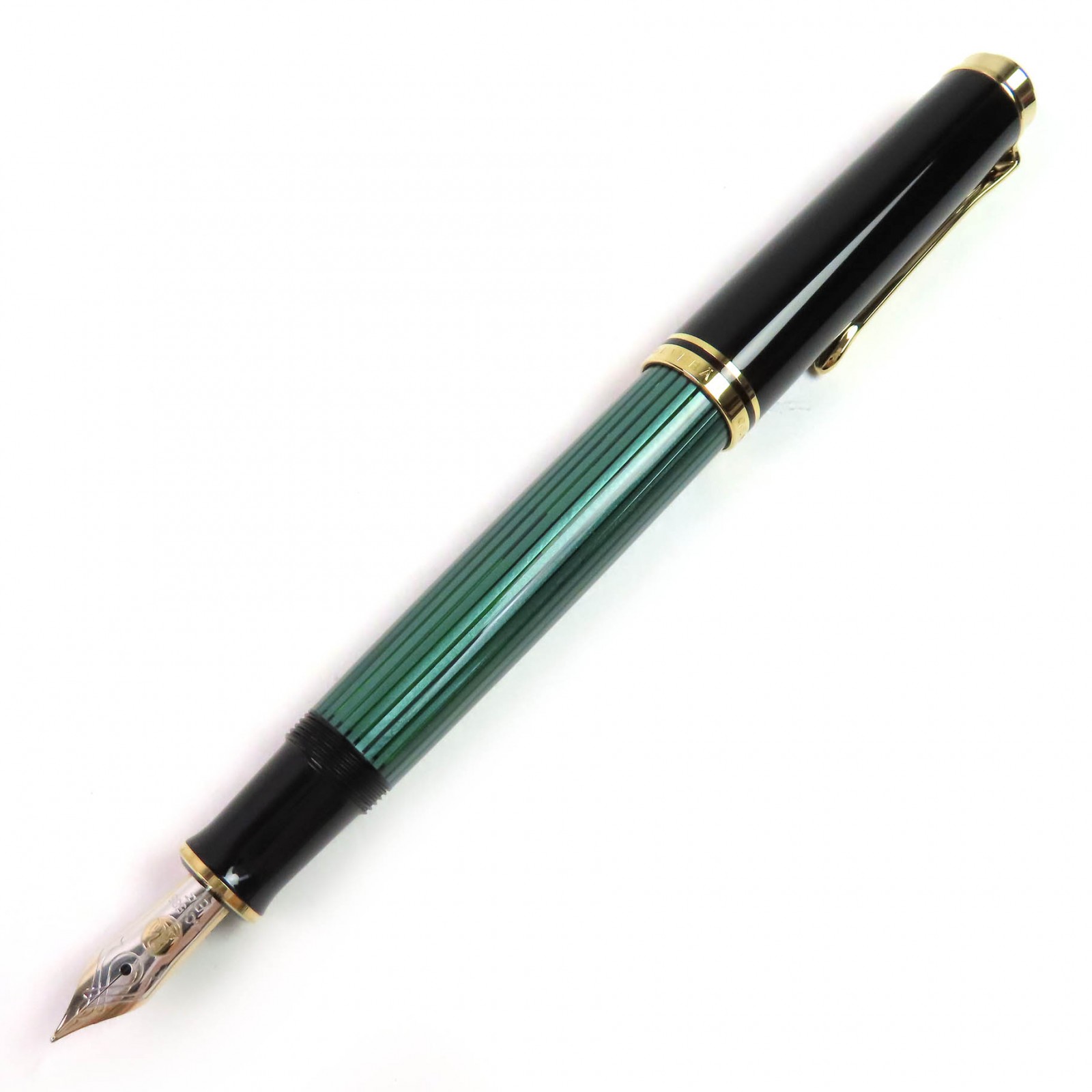 極美品△PERIKAN ペリカン スーベレーン M600 ペン先14K EFニブ 万年筆 グリーンストライプ ブラック ゴールド ドイツ製 メンズ オススメ◎【中古】