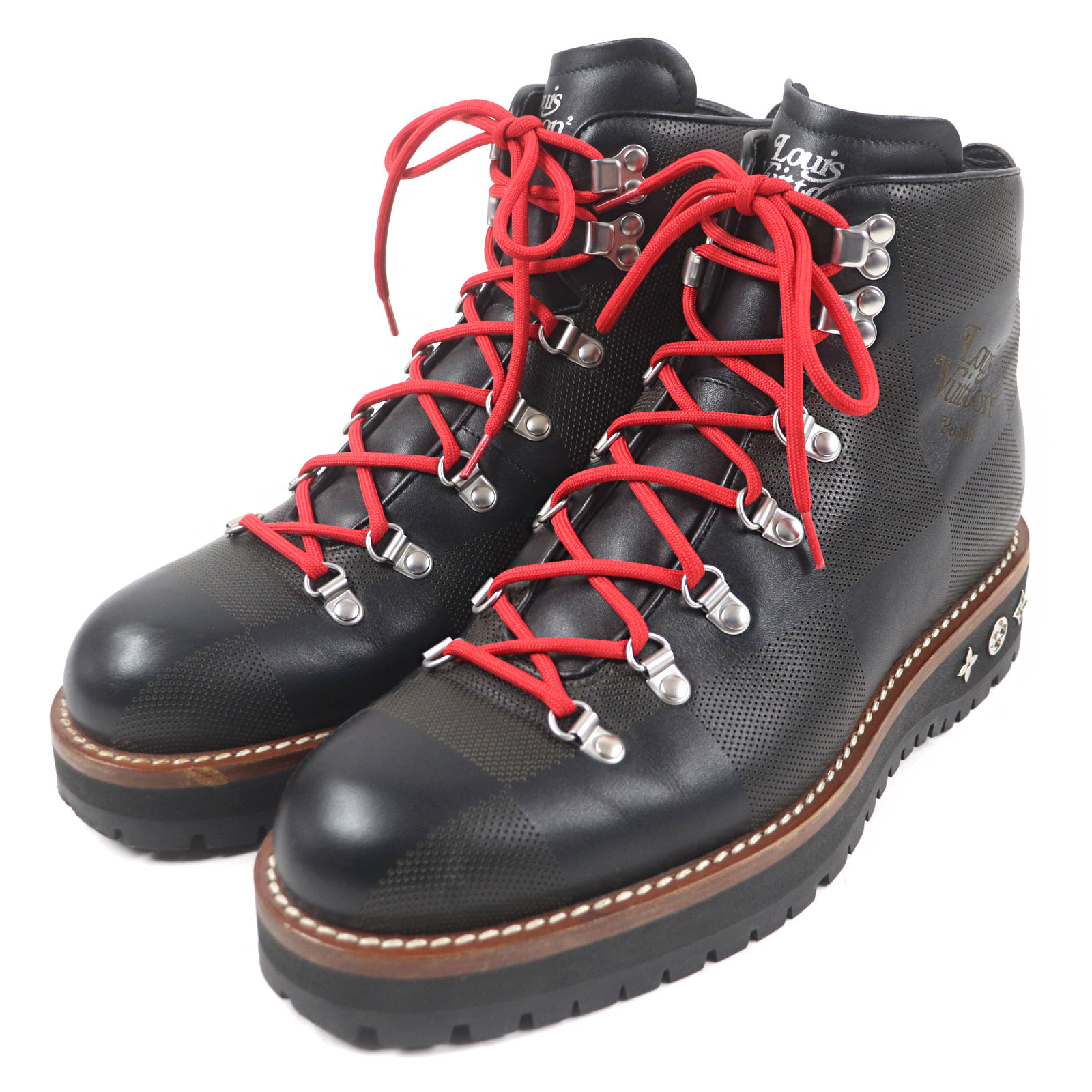 美品○LOUIS VUITTON NIGO ルイヴィトン ニゴー 1A81DE アルピニストライン ダミエジャイアント ロゴ入り モノグラムフラワー レースアップ レザー ブーツ ブラック系 8 保存袋付き イタリア製 メンズ【中古】