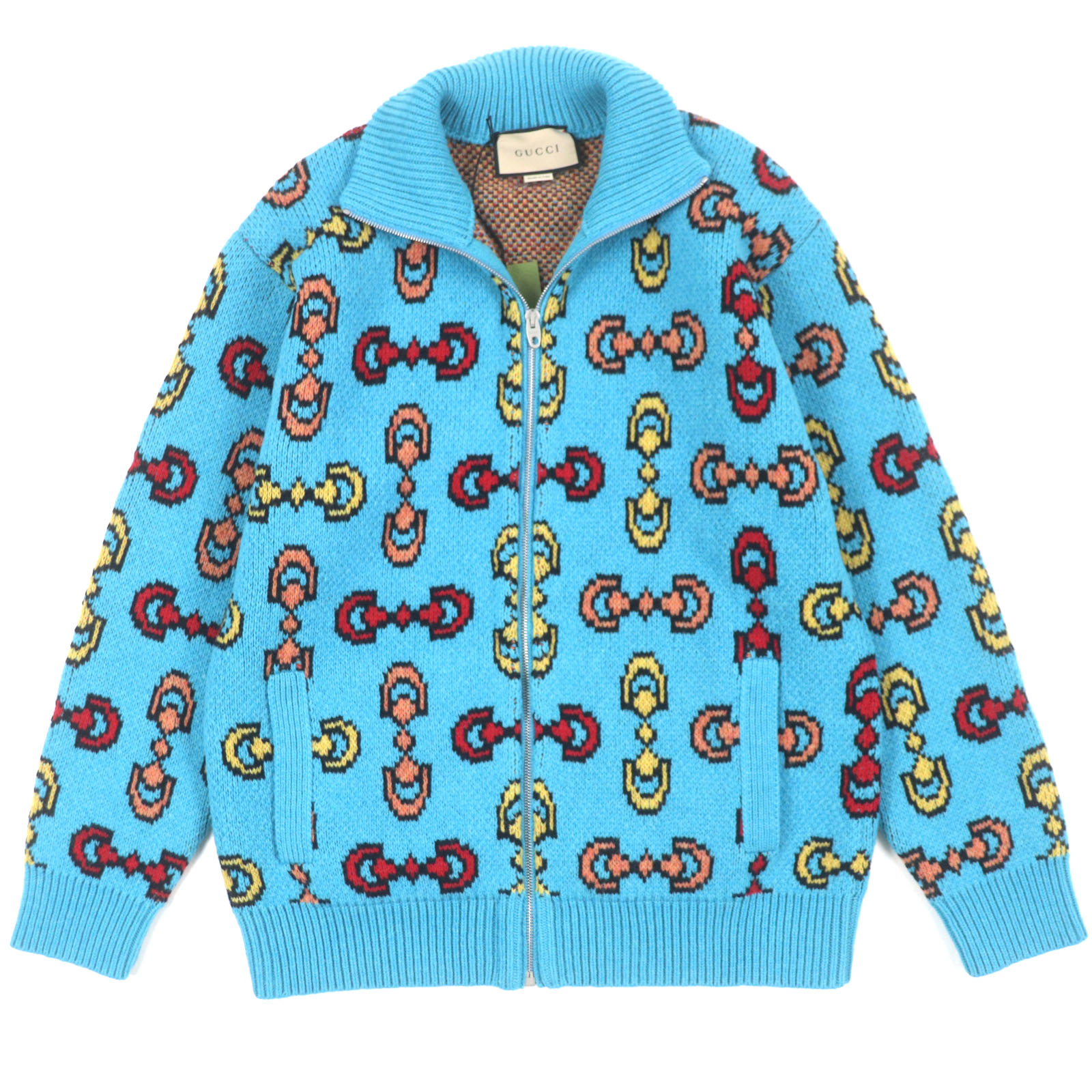 未使用品▼GUCCI グッチ 23SS 716370 ウール100% ホースビット ジップアップ ジャガード ニット ジャケット ブルー XS イタリア製 正規品 メンズ【中古】