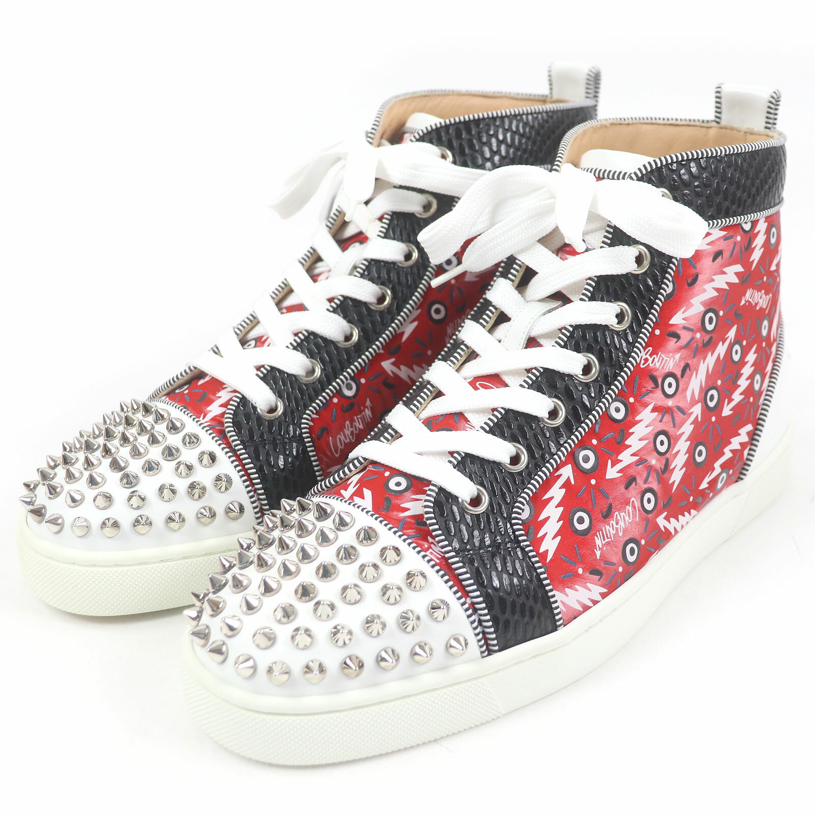 未使用品□Christian Louboutin クリスチャンルブタン Lou Spikes Orlato Flat スパイクスタッズ パイソン型押し レザー ハイカットスニーカー レッド系 40 箱付き イタリア製 メンズ【中古】